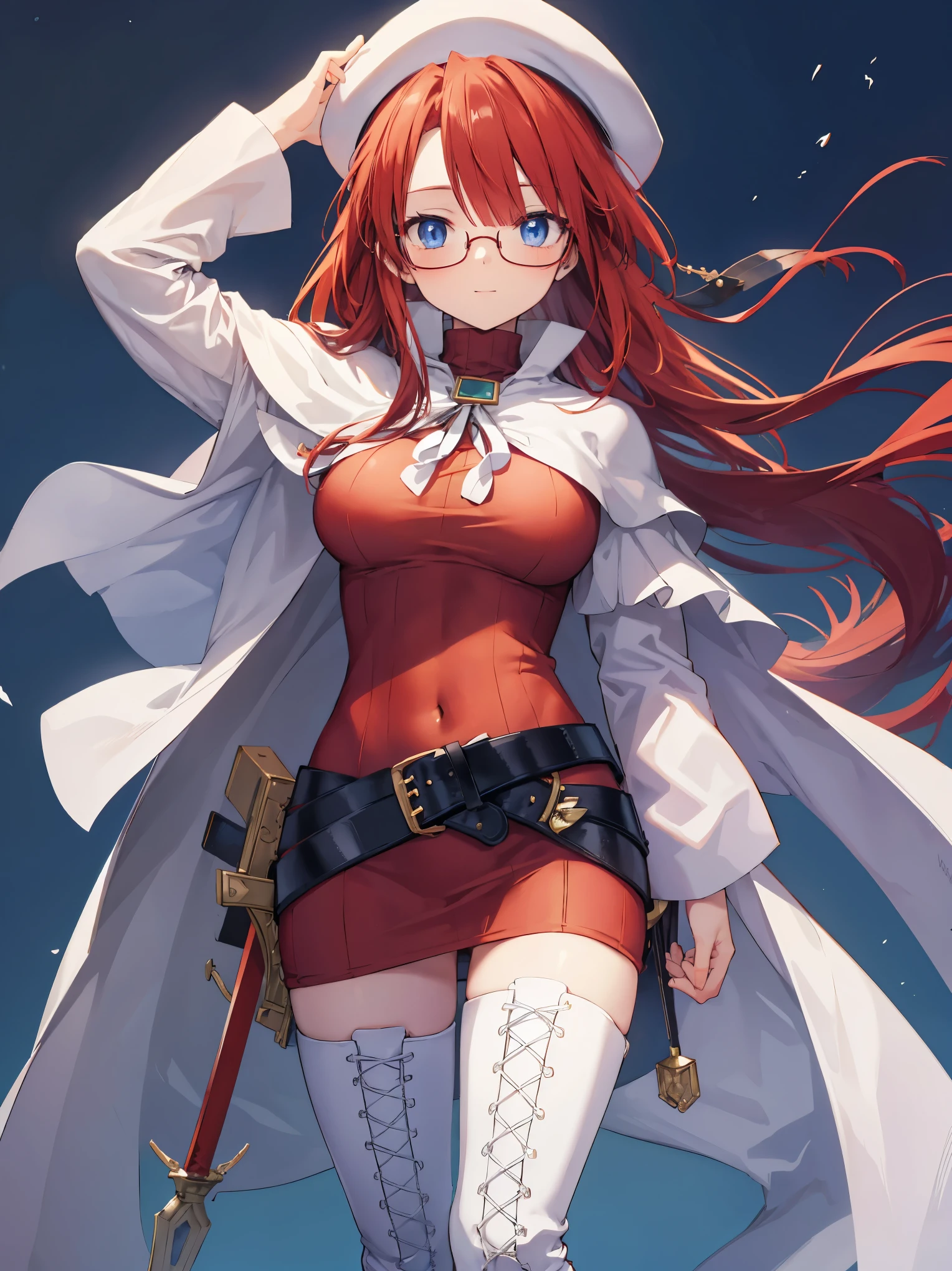 summonnightaty, aty, long hair, blue eyes, red hair, beret, hat, glasses,
BREAK long hair, thighhighs, hat, dress, boots, glasses, belt, cape, sweater, zettai ryouiki, beret, thigh boots, white footwear, ribbed sweater, loose belt,solo,
BREAK outdoors, fantasy,on_a_ship,
BREAK (masterpiece:1.2), best quality, high resolution, unity 8k wallpaper, (illustration:0.8), (beautiful detailed eyes:1.6), extremely detailed face, perfect lighting, extremely detailed CG, (perfect hands, perfect ???????),covered_nipples,covered_navel,light_smile ,(half_eyes:1.4),long_sword,edge,armpit,sleepy,dynamic_standing,red_sweater,apart_legs,magical_effect,pulmp,big_tits,light_open_mouth,prepare_a_sword