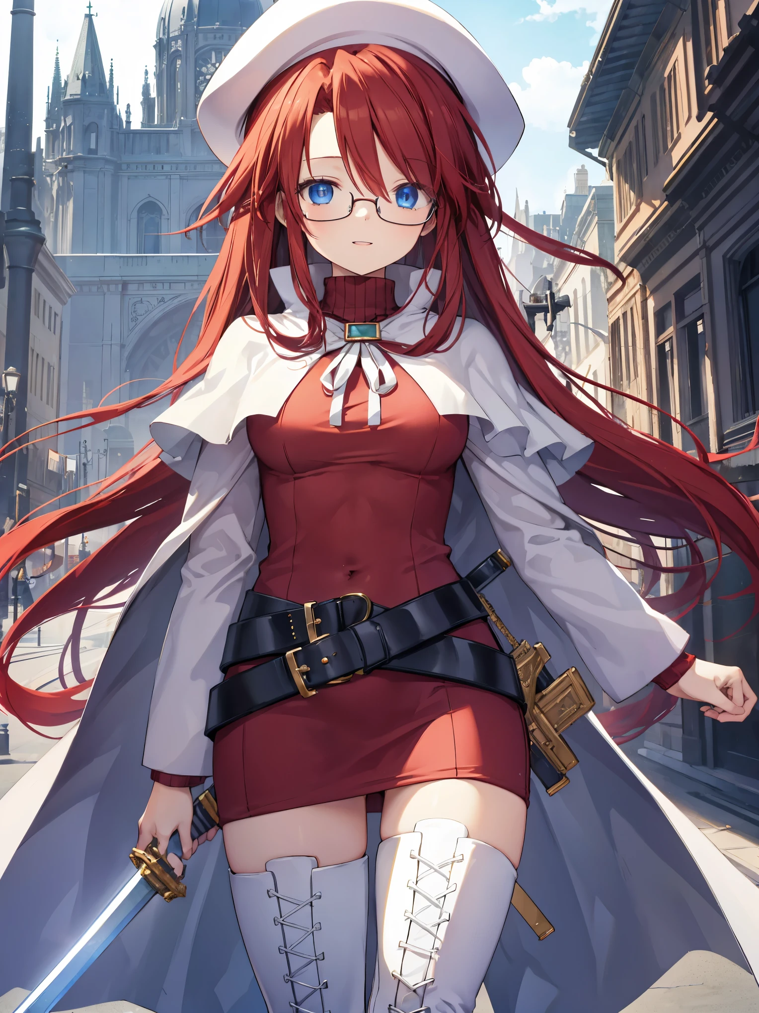 summonnightaty, aty, long hair, blue eyes, red hair, beret, hat, glasses,
BREAK long hair, thighhighs, hat, dress, boots, glasses, belt, cape, sweater, zettai ryouiki, beret, thigh boots, white footwear, ribbed sweater, loose belt,solo,
BREAK outdoors, fantasy,on_a_ship,
BREAK (masterpiece:1.2), best quality, high resolution, unity 8k wallpaper, (illustration:0.8), (beautiful detailed eyes:1.6), extremely detailed face, perfect lighting, extremely detailed CG, (perfect hands, perfect anatomy),covered_nipples,covered_navel,light_smile ,(half_eyes:1.4),long_sword,edge,armpit,sleepy,dynamic_standing,red_sweater,apart_legs,magical_effect,pulmp,big_tits,light_open_mouth,prepare_a_sword