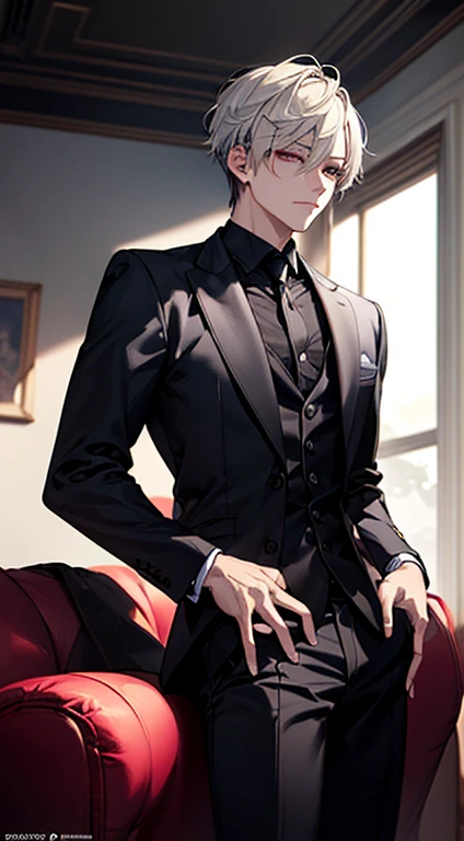 (Best Quality,8k,Master Painting),One boy,(Purpose 1:1,Clear Eyes,A sophisticated eye,Delicate eyes,Eye details,Good Eyes),short hair,Black business suit,Face Focus,adult,Black suit,Best Quality,Facial details,Sit in the room,Sit on the sofa,Detailed Background,Diffused sunlight,Depth of written boundary,Background blur for optimal light,Best Shadow,Cinematic Light,(Real Skin),Ray-tracing,Unreal Engine 5,Reflex muscles,digital illustration,Game CG character,Supermodel,(K-Pop,Idol),(Body Edge Light,Colored light sources are all around),The wind is fluttering my hair,Looking into the distance