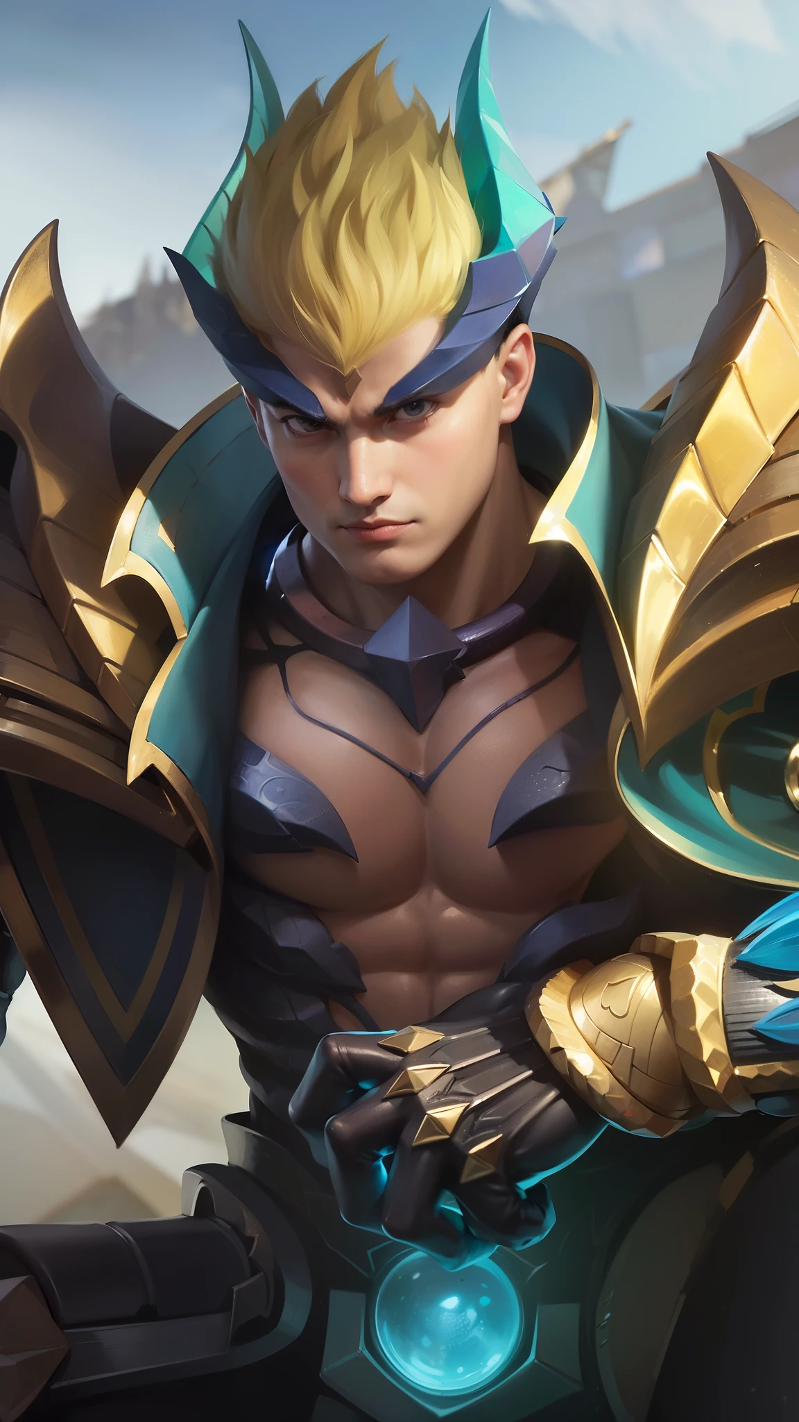 a close up of a man with a sword and armor, inspired by Huang Shen, heise jinyao, gilgamesh, portrait of dragoon, inspired by Li Kan, casimir art, roguish smirk, inspired by Shen Zhou, wukong, sylas, official splash art, mobile legends, inspired by Yang Jin, zhao yun, Best quality, masterpiece, detailed skin texture, detailed clothes texture, detailed face, super detail, 8k, intricate detail, 1 boy, The color doesn't change, Muscle guy, 1 guy