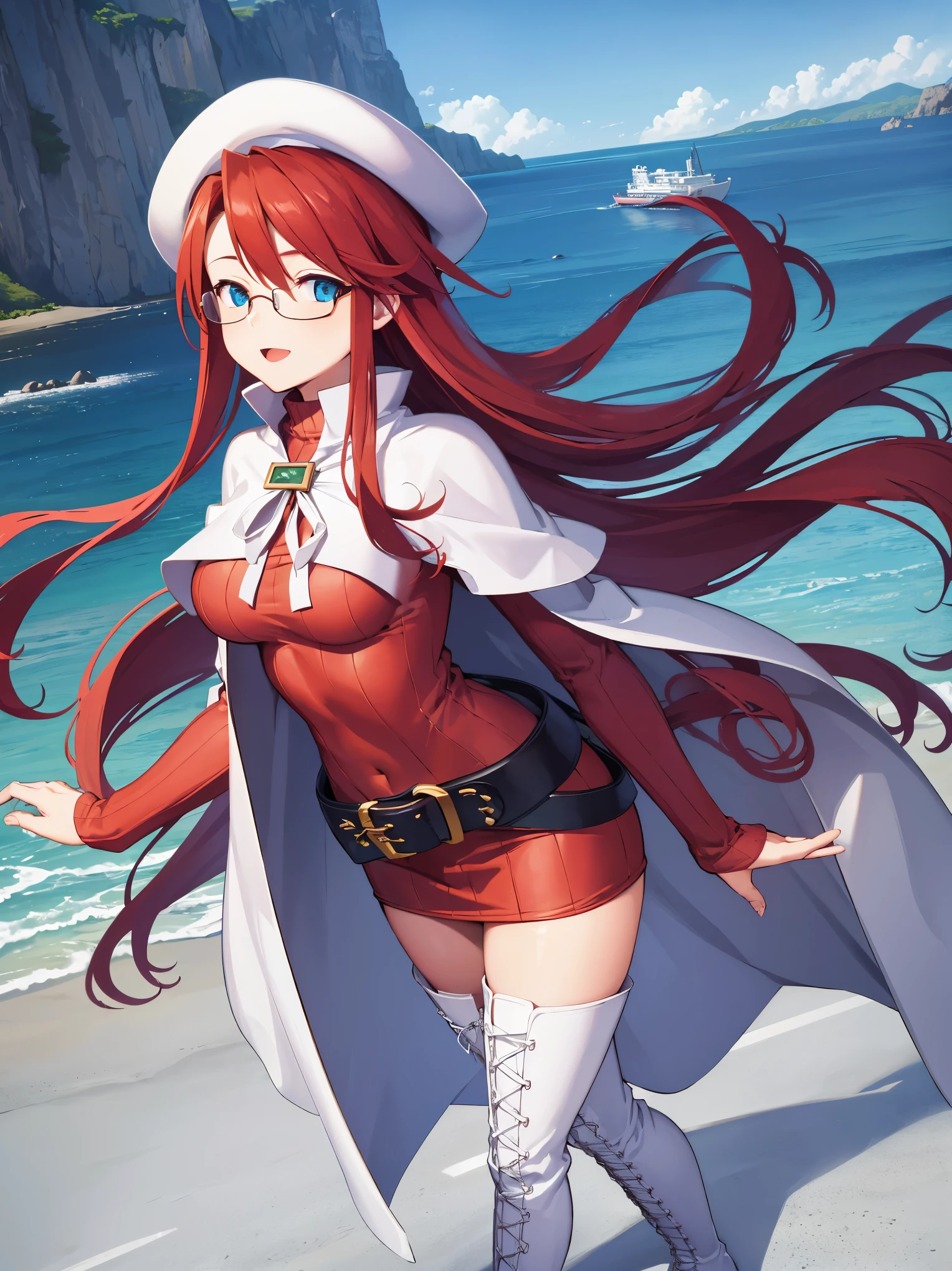 summonnightaty, aty, long hair, blue eyes, red hair, beret, hat, glasses,
BREAK long hair, thighhighs, hat, dress, boots, glasses, belt, cape, sweater, zettai ryouiki, beret, thigh boots, white footwear, ribbed sweater, loose belt,solo,
BREAK outdoors, fantasy,on_a_ship,
BREAK (masterpiece:1.2), best quality, high resolution, unity 8k wallpaper, (illustration:0.8), (beautiful detailed eyes:1.6), extremely detailed face, perfect lighting, extremely detailed CG, (perfect hands, perfect anatomy),covered_nipples,covered_navel,light_smile ,(half_eyes:1.4),long_sword,edge,armpit,sleepy,dynamic_standing,red_sweater,apart_legs,magical_effect,pulmp,big_tits,light_open_mouth,prepare_a_sword