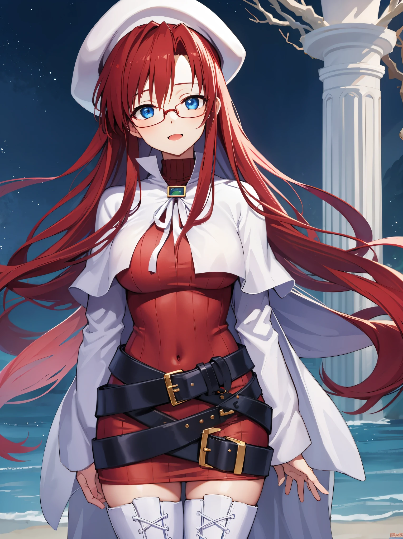 summonnightaty, aty, long hair, blue eyes, red hair, beret, hat, glasses,
BREAK long hair, thighhighs, hat, dress, boots, glasses, belt, cape, sweater, zettai ryouiki, beret, thigh boots, white footwear, ribbed sweater, loose belt,solo,
BREAK outdoors, fantasy,on_a_ship,
BREAK (masterpiece:1.2), best quality, high resolution, unity 8k wallpaper, (illustration:0.8), (beautiful detailed eyes:1.6), extremely detailed face, perfect lighting, extremely detailed CG, (perfect hands, perfect anatomy),covered_nipples,covered_navel,light_smile ,(half_eyes:1.4),long_sword,edge,armpit,sleepy,dynamic_standing,red_sweater,apart_legs,magical_effect,pulmp,big_tits,light_open_mouth,prepare_a_sword