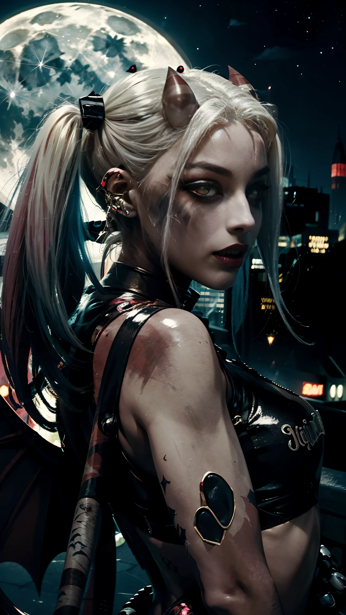 The female character Harley Quinn with long straight shiny black hair, bright yellow eyes, red skin, with bat wings on her back, with demon horns on her head, vampire fangs, white teeth, wearing black, moonlight, moon in the starry sky, in realistic art style.