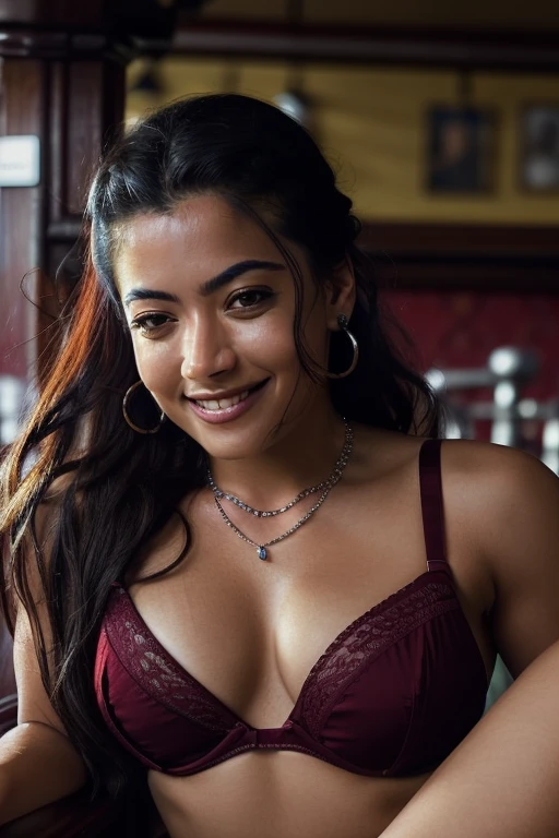 day scene, extreme close up photo of latina from top view, lying in a pub, wide open legs, maroon see through bra, massive, ponytail, necklace, 30 yo, look at viewer and smile, (cinematic:1.3), intricate details, (ArtStation:1.2)