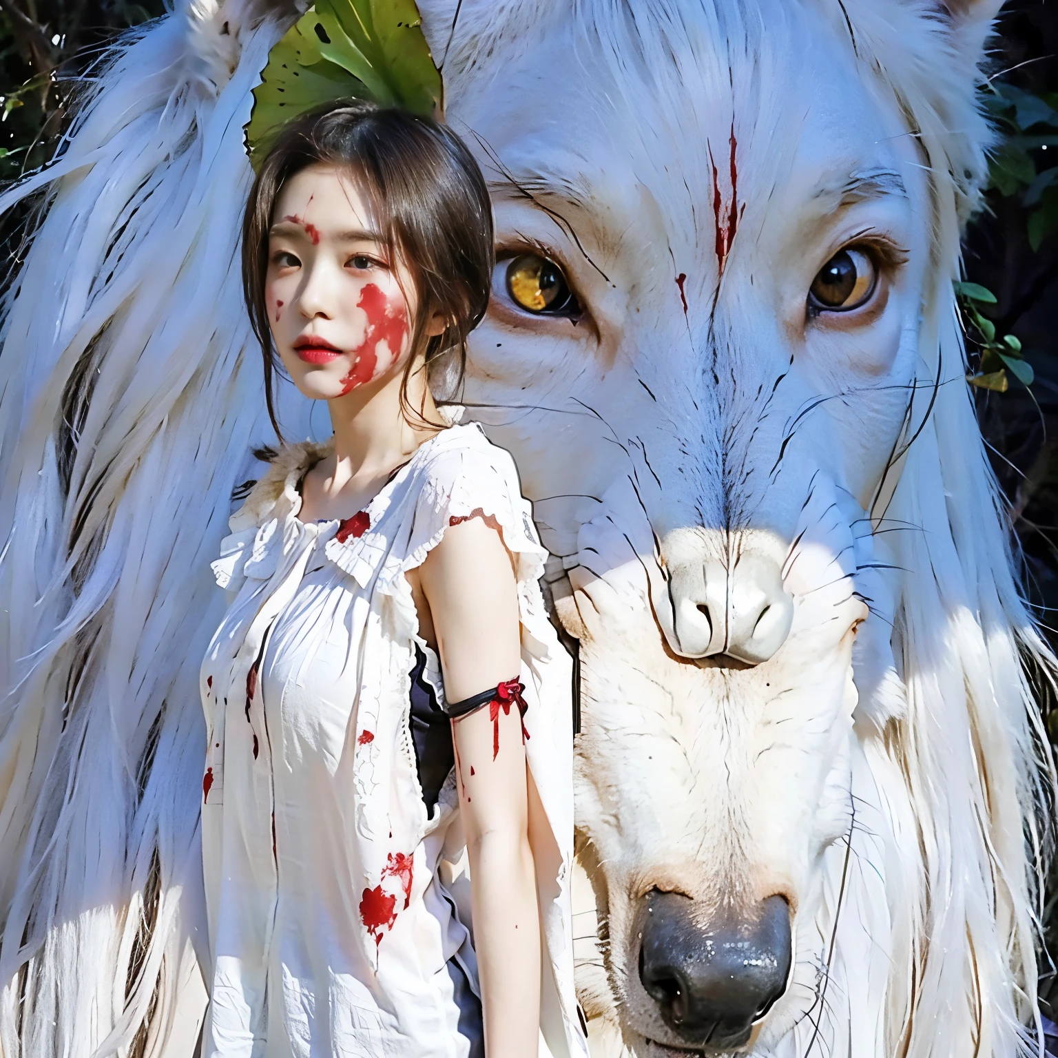 Anime girl with blood on her face and wolf face