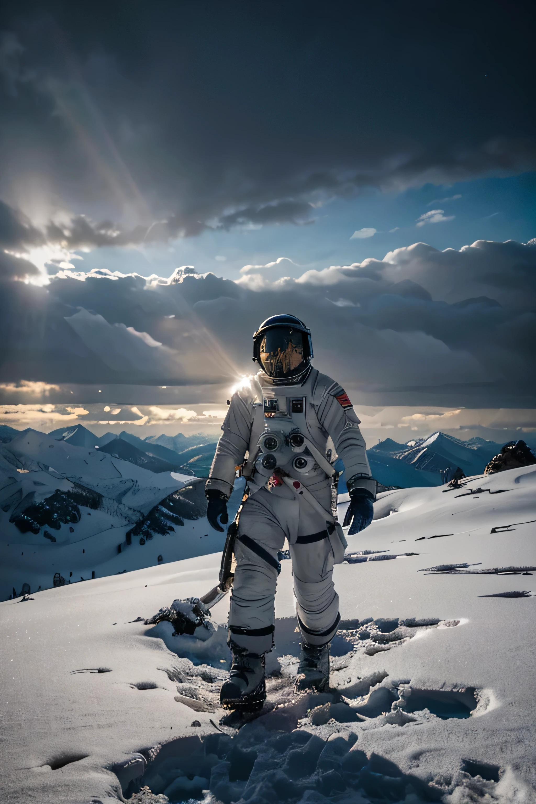 An astronaut walking on a snowy planet with rocky mountains, holding his helmet in his right hand. Haze is scattered in the air with a very cloudy sky, conveying feelings of loneliness and commitment :: futuristic::3.2 crepuscular rays::3.6 panorama::3.4 blue::3.5 --aspect 1:1 --version 6 --quality 1