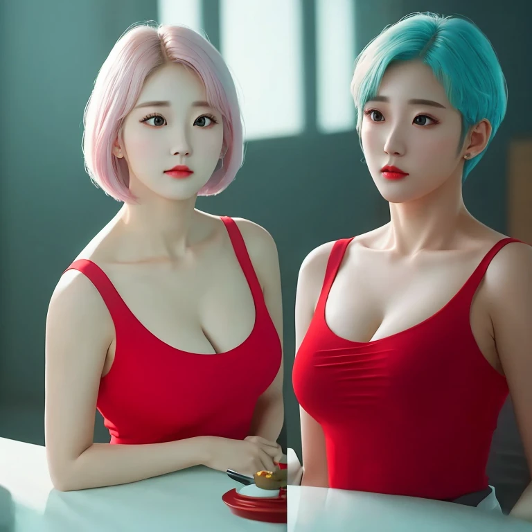 Professional photography, 16K, ultra realistic, super detailed, high resolution, best quality, head: 1.3, 1girl alone, (Korean K-pop idol), pale-cyan hair, short hair, pale-white skin, illuminated skin, realistic shading, realistic textures, sharp focus, ( cinema lighting), clavicle, Morning, soft light, dream aesthetic, dream atmosphere, dynamic angle, [: (face detail:1.2):0.2], natural big breasts, tight slit, red dress, hot slim, mid-chest, cleavage, body whole, blurred background, different positions in various types of angles. 