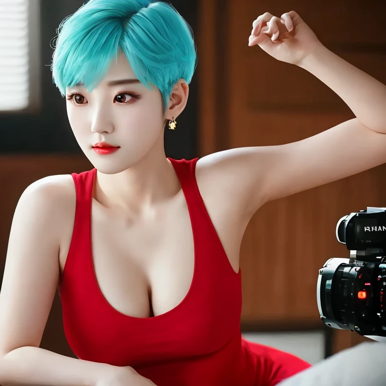 Professional photography, 16K, ultra realistic, super detailed, high resolution, best quality, head: 1.3, 1girl alone, (Korean K-pop idol), pale-cyan hair, short hair, pale-white skin, illuminated skin, realistic shading, realistic textures, sharp focus, ( cinema lighting), clavicle, Morning, soft light, dream aesthetic, dream atmosphere, dynamic angle, [: (face detail:1.2):0.2], natural big breasts, tight slit, red dress, hot slim, mid-chest, cleavage, body whole, blurred background, different positions in various types of angles. 