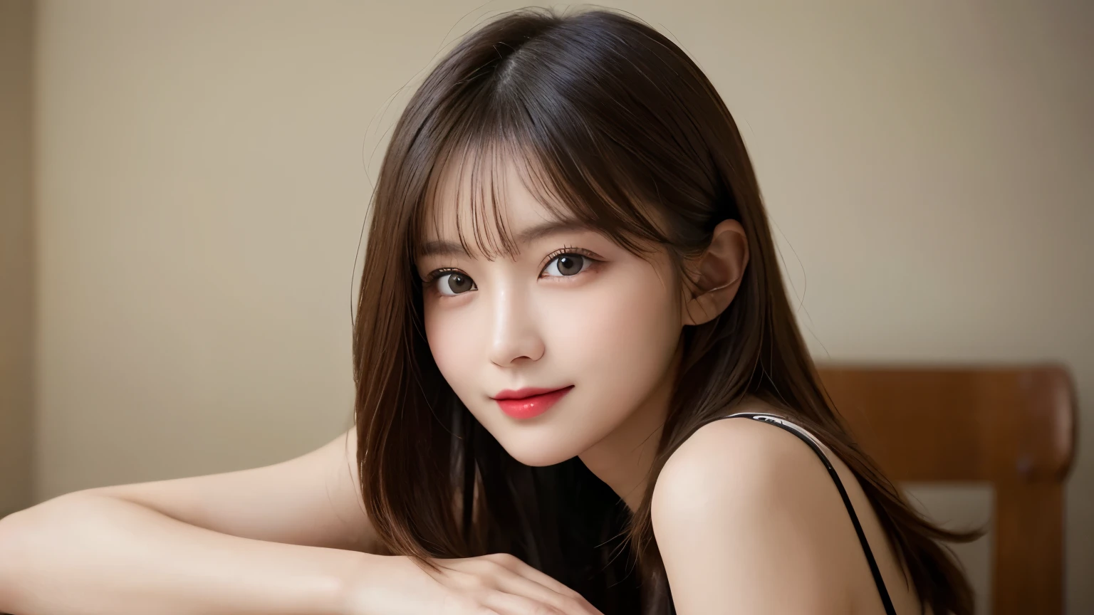 on the table, best quality, shape, Super detailed, Finely, high resolution, 8k wallpaper, 完璧なダイナミックな構shape, Beautiful and delicate eyes, Medium Length Hair, Small Breasts, Natural lipstick, Casual sexy pose,Smile,20 year old girl、midnight、Beautiful and detailed face、Perfect beautiful face,big eyes、original photo、Use the whole body to express female posture、Beautiful and delicate eyes、Small face、Beautiful duplex、Facelift and style,skirt、Beautiful golden ratio face,Long hair
