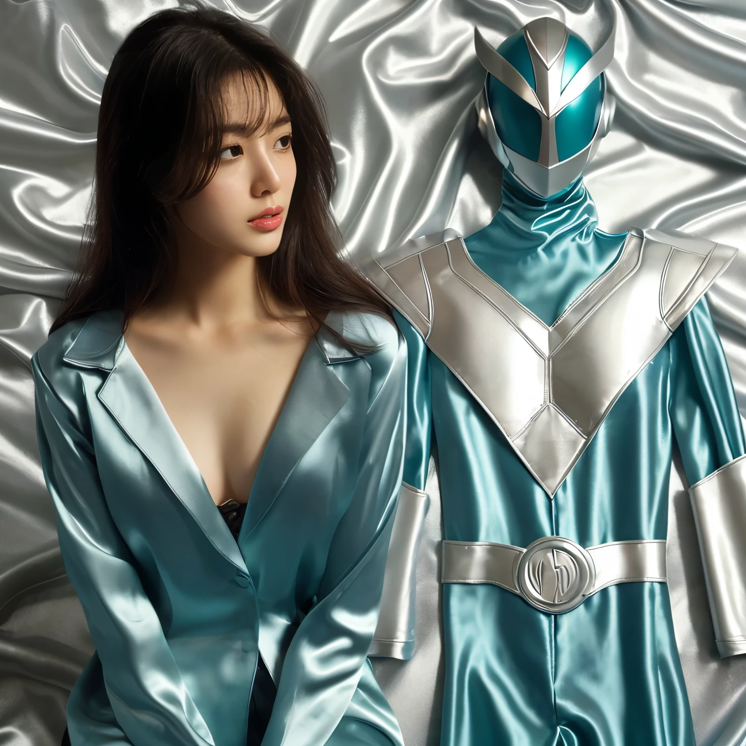 best image quality、Super high resolution、(realism:1.4)、Korean beauty star、The most beautiful KPOP star、horny face、Horny Korean makeup、erotic expression、A body that makes you want to touch it、erotic photos、((Realistic shiny satin fabric texture、High-gloss stretch satin fabric that is smooth and smooth to the touch.、The drape of the curved part of the shiny satin fabric、strong shiny costume、The smooth and beautiful quality and luster of the costumes、A shiny costume made of high-quality satin fabric with high density.、Smooth to the touch oil light liang ultra-class battleship skin coat COS、Super SentaiWomen&HeroineSuit、Texture of costumes that satin fetishists respond to、Thin, glossy stretch satin fabric)),8K photo quality