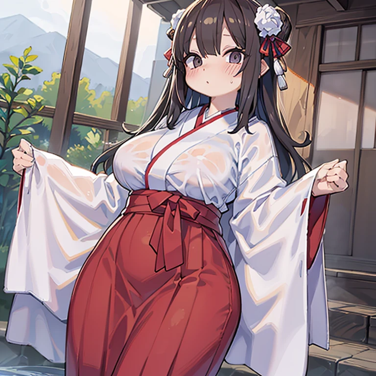 Japan white clothes,Red Hakama, a little big breast, wet clothes