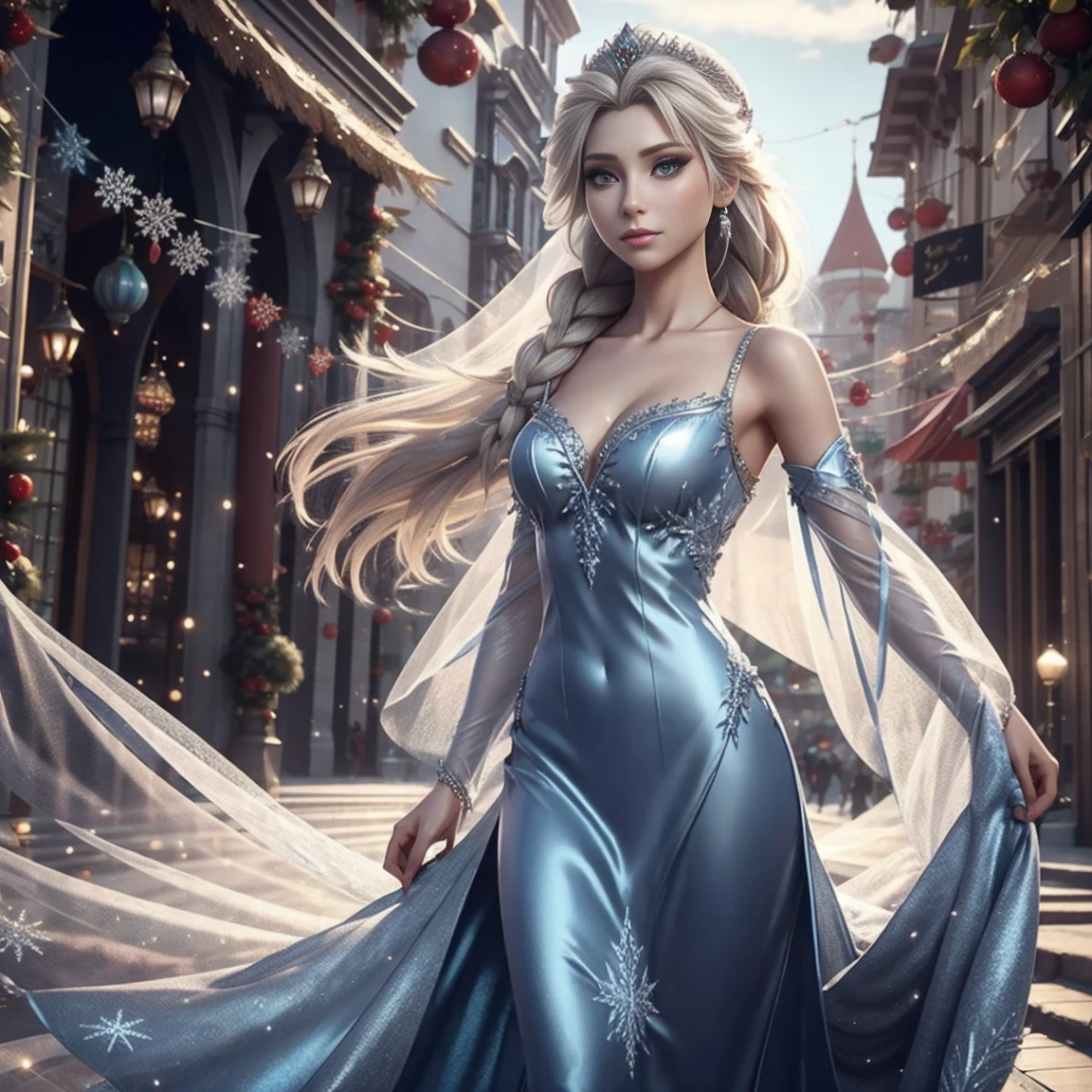 Generate an realistic image of Elsa from Frozen, real character Frozen elsa, dressed in modern fashion for a New Year's . HDR 8K texture dress, visual render Elsa, Elsa should be wearing a red, delicate long dress , along with a New Year's santa hat. The dress should be stylish and suitable for a princess. New Year's dress with real feathers and tassels. Gorgeous breasts, tight clothes. Transparent veil.