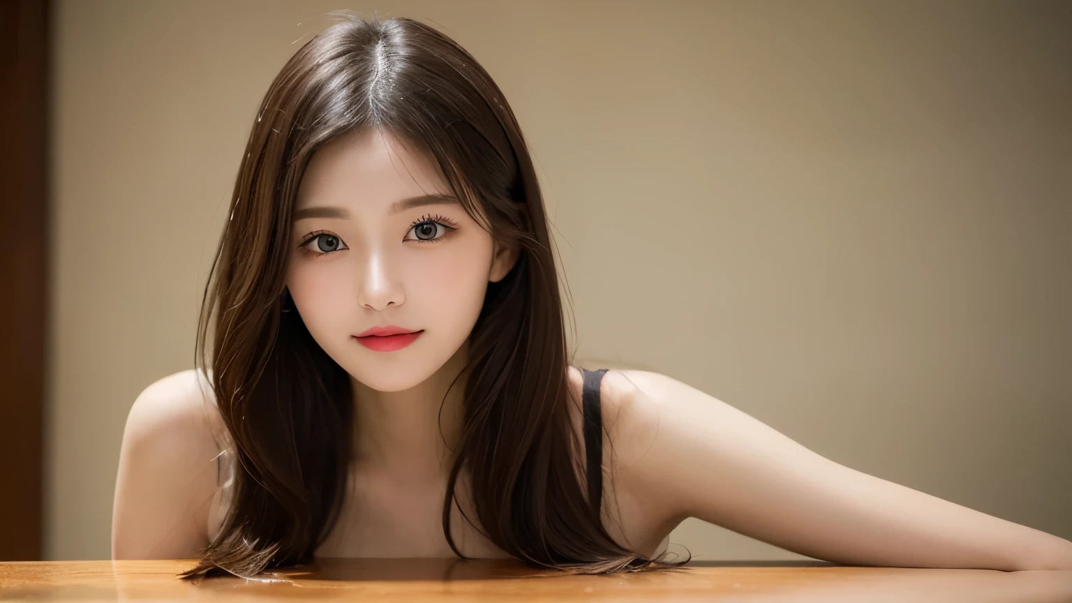on the table, best quality, shape, Super detailed, Finely, high resolution, 8k wallpaper, 完璧なダイナミックな構shape, Beautiful and delicate eyes, Medium Length Hair, Small Breasts, Natural lipstick, Casual sexy pose,Smile,20 year old girl、midnight、Beautiful and detailed face、Perfect beautiful face,big eyes、original photo、Use the whole body to express female posture、Beautiful and delicate eyes、Small face、Beautiful duplex、Facelift and style,skirt、Beautiful golden ratio face,Long hair