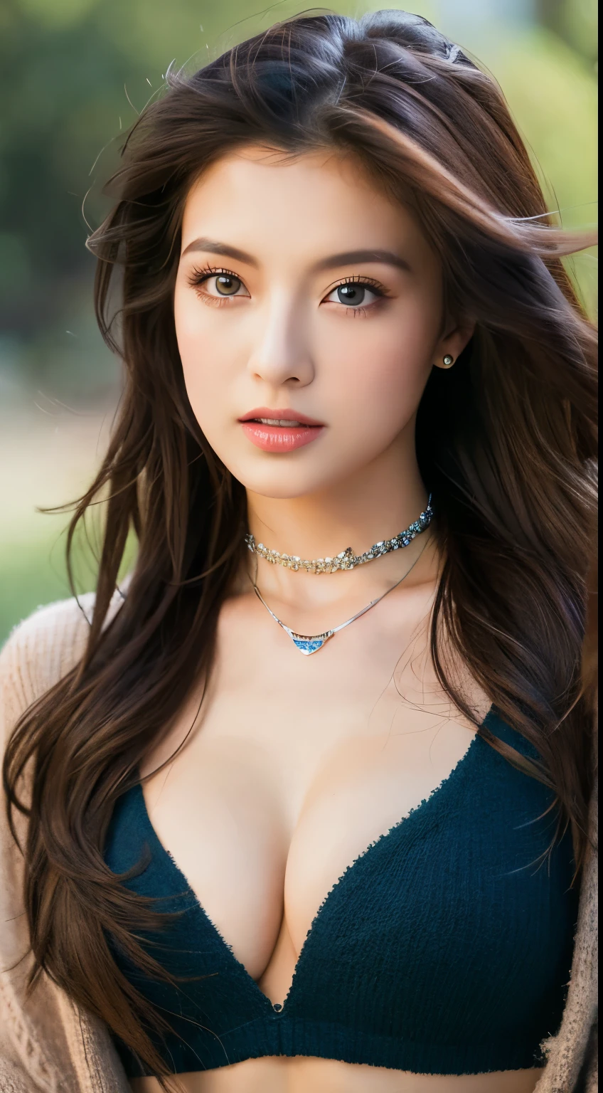 highest quality， Ultra-high resolution， （Realistically：1.4），Jewel Girl，One girl, Have long curly hair，Looking into the distance，Huge cleavage，Cropped red sweater，atmosphere，Beautiful woman with slim figure:1.4, Abdominal muscles，Ultra-fine face，A sophisticated eye，double eyelid，Choker Necklace