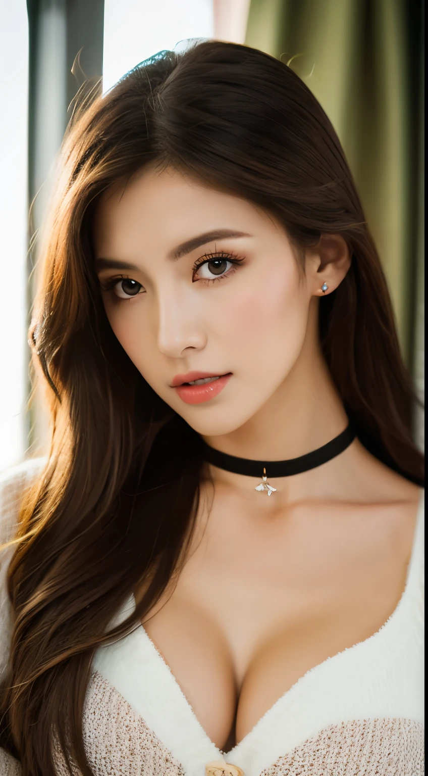 highest quality, Ultra-high resolution, (Realistically:1.4),Jewel Girl,One girl, Have long curly hair,Looking into the distance,Huge cleavage,Cropped red sweater,atmosphere,Beautiful woman with slim figure:1.4, Abdominal muscles,Ultra-fine face,A sophisticated eye,double eyelid,Choker Necklace