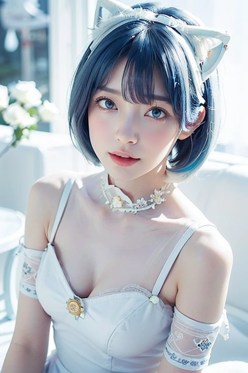 masterpiece, 4K, Bokeh, Beautiful Face, (Multiple Girls:1.4), Harem, (Group photo:1.2), (Cat ear:1.3), (blue medium bob hair:1.4), (White Theme:1.6), Looking at the audience, (White Rose:1.4), (White cafe background:1.5), (Cowboy Shot:1.4)，Wearing a see-through rubber dress、Ash gray hair color