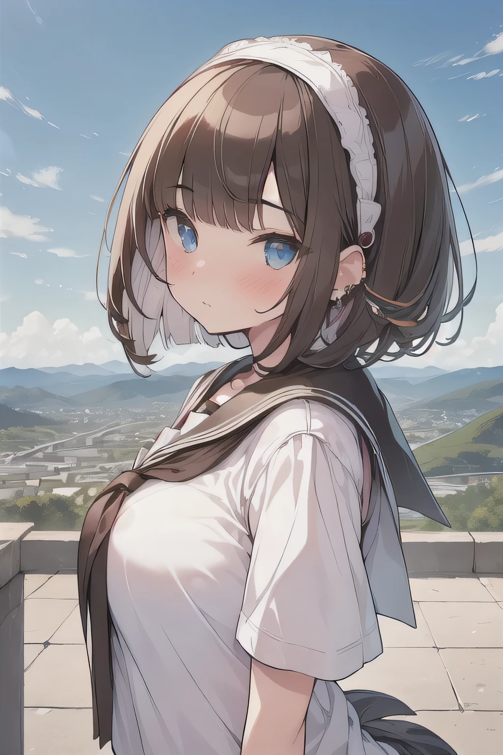 (best quality), (Super detailed), (Best Illustration), (masterpiece), (woman), upper body, (white serafuku), (large breasts), {(detailed eyes), blue eyes}, {brown hair, (sideburns), (bob cut:1.3), curly hair, hairs between eyes, colored inner hair}, blush, earring, hair band, (wind), beautiful sky, (panoramic view:1.4)