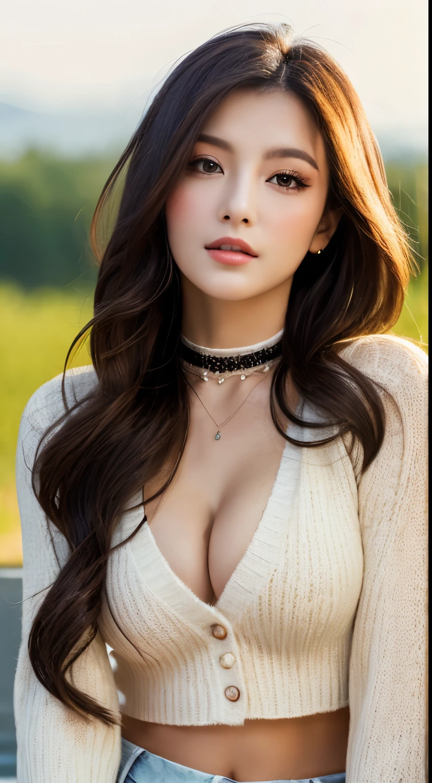 highest quality, Ultra-high resolution, (Realistically:1.4),Jewel Girl,One girl, Have long curly hair,Looking into the distance,Huge cleavage,Cropped red sweater,atmosphere,Beautiful woman with slim figure:1.4, Abdominal muscles,Ultra-fine face,A sophisticated eye,double eyelid,Choker Necklace