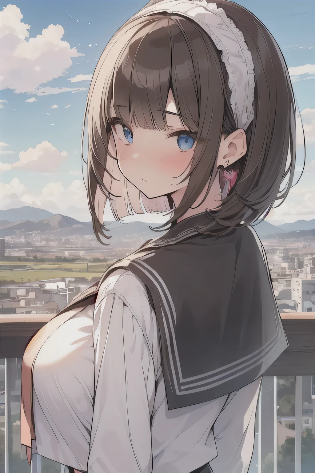 (best quality), (Super detailed), (Best Illustration), (masterpiece), (woman), upper body, (white serafuku), (large breasts), {(detailed eyes), blue eyes}, {brown hair, (sideburns), (bob cut:1.3), curly hair, hairs between eyes, colored inner hair}, blush, earring, hair band, (wind), beautiful sky, (panoramic view:1.4)