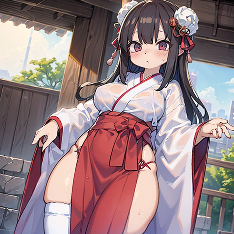 Japan white clothes,Red Hakama, a little big breast,　Wet and transparent clothes
