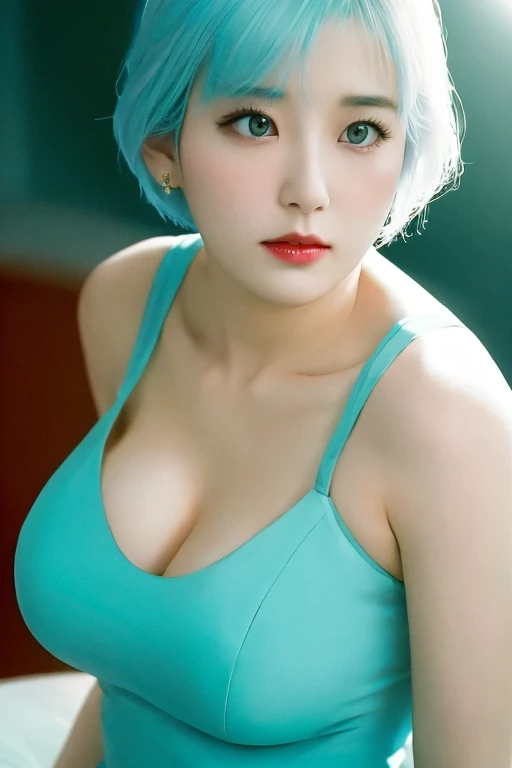 Professional photography, 16K, ultra realistic, super detailed, high resolution, best quality, head: 1.3, 1girl alone, (Korean K-pop idol), pale-cyan hair, short hair, pale-white skin, illuminated skin, realistic shading, realistic textures, sharp focus, ( cinema lighting), clavicle, Morning, soft light, dream aesthetic, dream atmosphere, dynamic angle, [: (face detail:1.2):0.2], natural big breasts, tight slit, red dress, hot slim, mid-chest, cleavage, body whole, blurred background, different positions in various types of angles. 