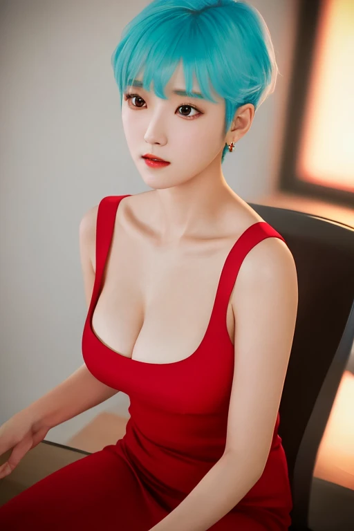 Professional photography, 16K, ultra realistic, super detailed, high resolution, best quality, head: 1.3, 1girl alone, (Korean K-pop idol), pale-cyan hair, short hair, pale-white skin, illuminated skin, realistic shading, realistic textures, sharp focus, ( cinema lighting), clavicle, Morning, soft light, dream aesthetic, dream atmosphere, dynamic angle, [: (face detail:1.2):0.2], natural big breasts, tight slit, red dress, hot slim, mid-chest, cleavage, body whole, blurred background, different positions in various types of angles. 