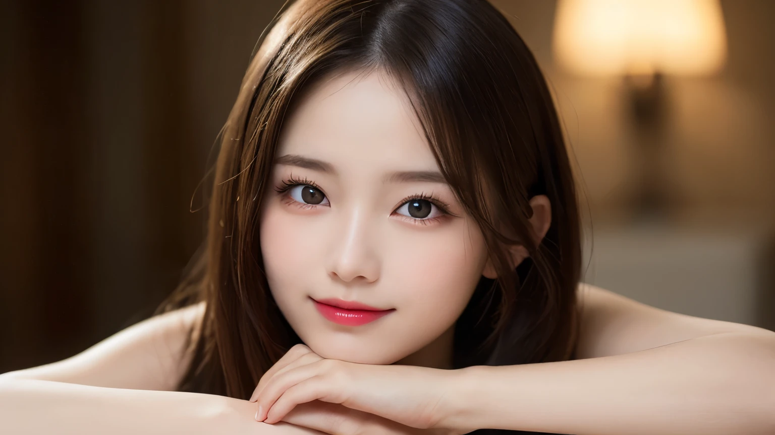 on the table, best quality, shape, Super detailed, Finely, high resolution, 8k wallpaper, 完璧なダイナミックな構shape, Beautiful and delicate eyes, Medium Length Hair, Small Breasts, Natural lipstick, Casual sexy pose,Smile,20 year old girl、midnight、Beautiful and detailed face、Perfect beautiful face,big eyes、original photo、Use the whole body to express female posture、Beautiful and delicate eyes、Small face、Beautiful duplex、Facelift and style,skirt、Beautiful golden ratio face,Long hair