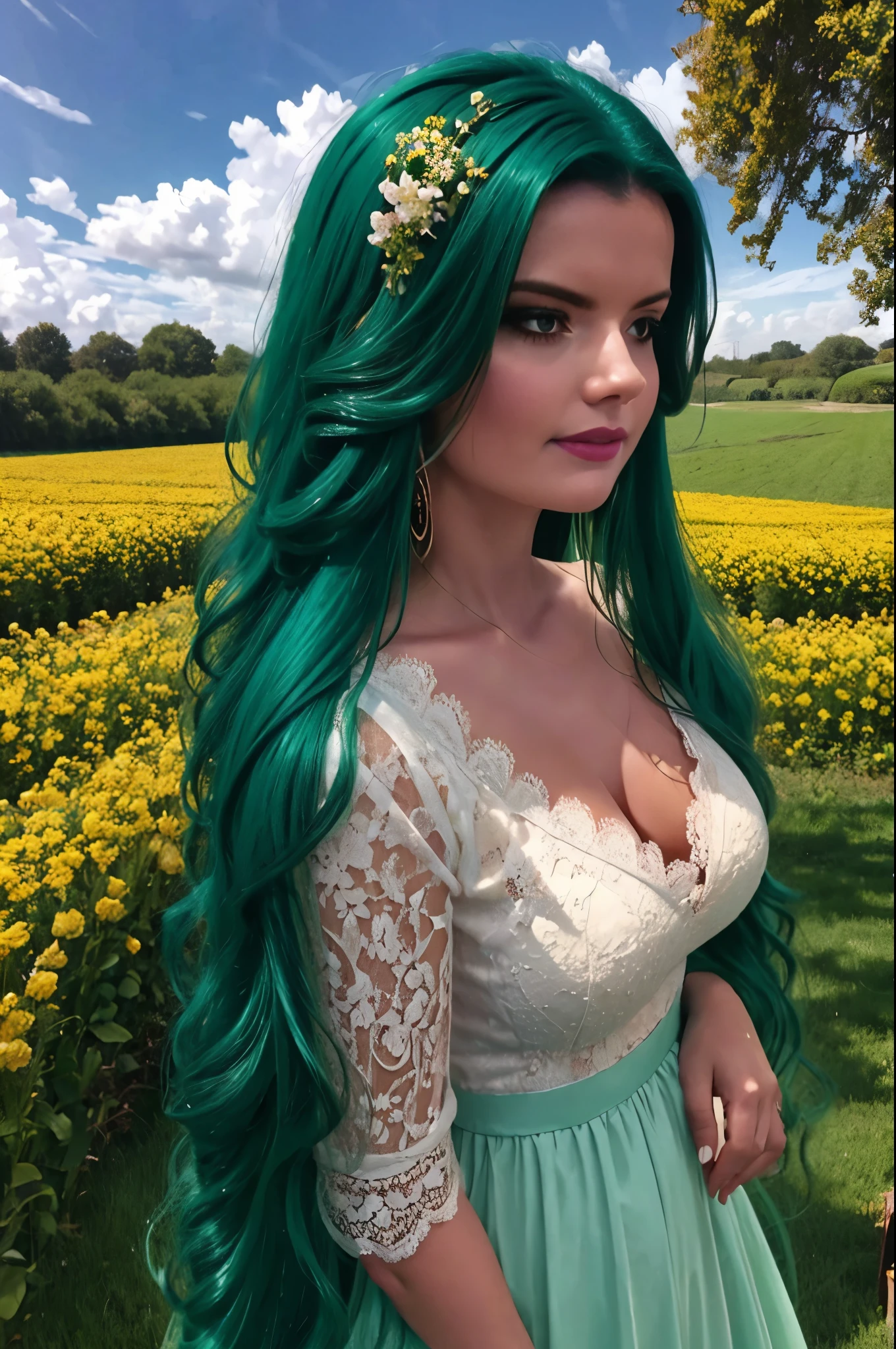 a beautiful woman with long green hair, in a long sensual green lace dress in a flowery field, fantasy, lusez, 8k, ultra detailed,