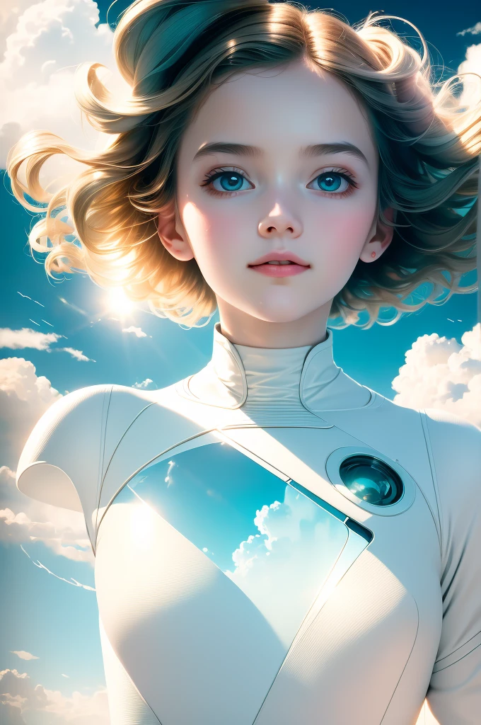 masterpiece, best quality, movie still, 1girl, floating in the sky, cloud girl, cloud, (close-up:1.1), bright, happy, fun, soft lighting, (Bauhaus, shapes, lines, abstract:1.1)