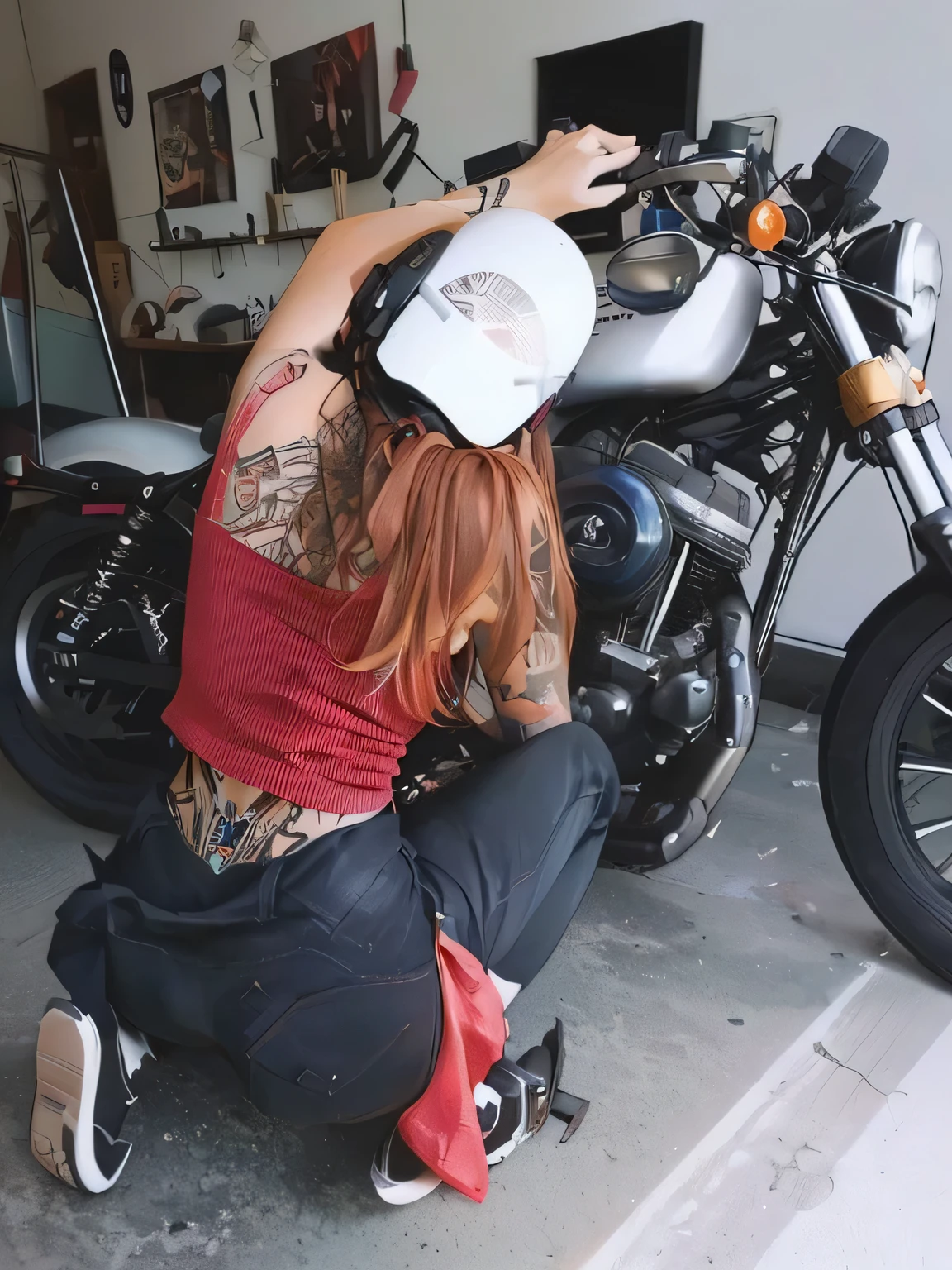 arafed woman pink hair in a red shirt and black pants fixing a motorcycle, picture of a female biker, wearing her helmet, with tattoos, sitting on a motorcycle, mechanic punk outfit, helmet instead of a head, harley davidson, riding a motorcycle, wearing a helmet, wearing helmet, inking, tattooed, motorcycles, motorcycle, holding helmet, harley queen, harley davidson motorbike, pink hair