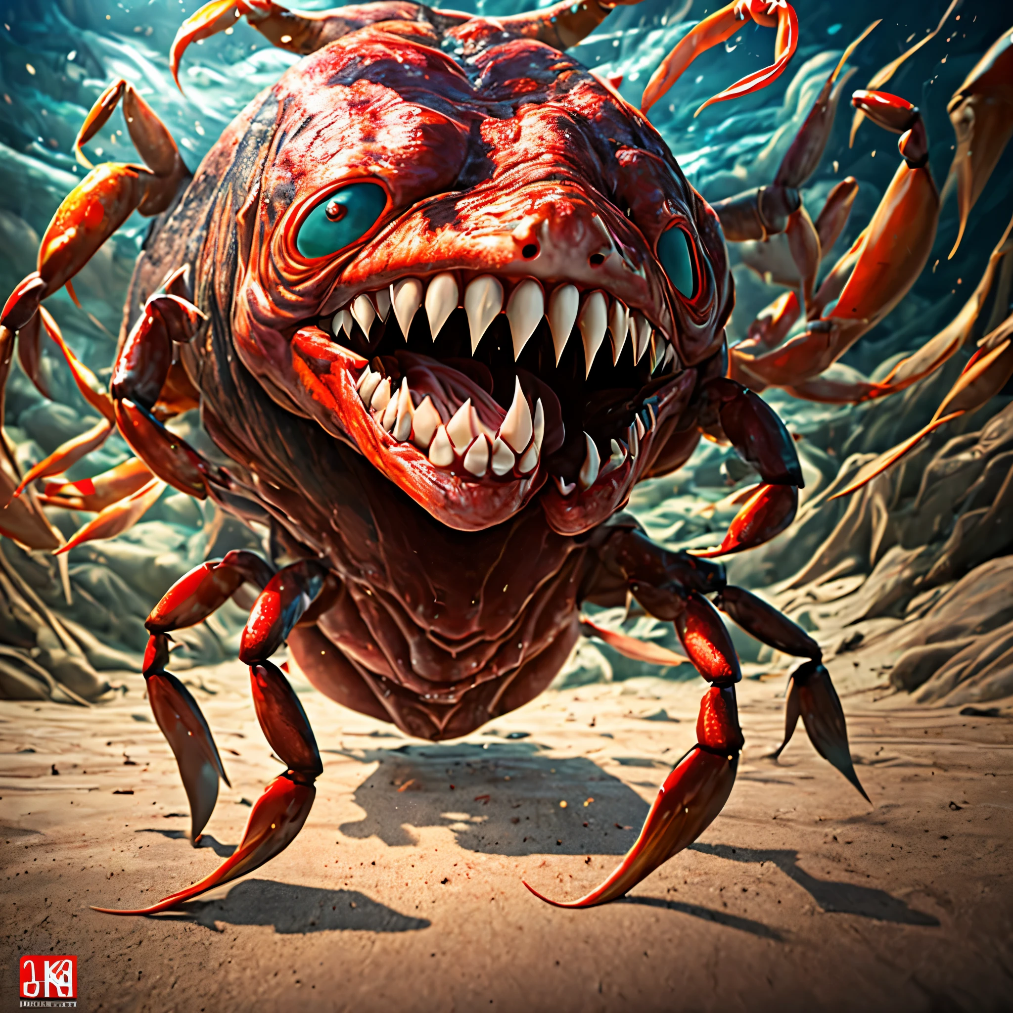 (best quality,4k,8k,highres,masterpiece:1.2), ultra-detailed, (realistic,photorealistic,photo-realistic:1.37), HDR, UHD, studio lighting, extreme detail description, professional, vivid colors, bokeh, portraits, horror,
A huge scary monster with the head of a fish, many sharp teeth,and a crablike body sneaks up on a bikini clad woman.
