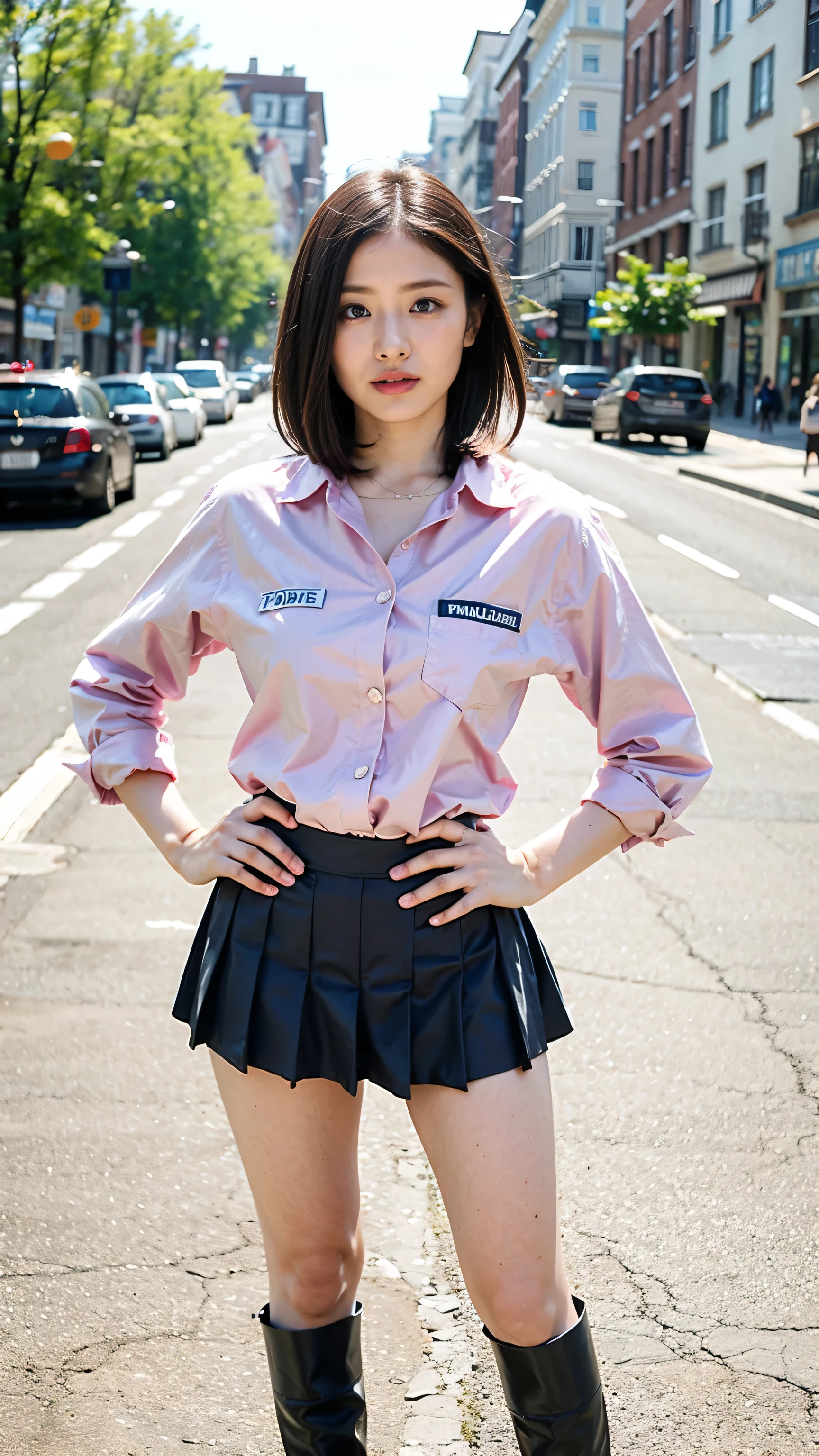 (8k、RAW Photos、highest quality、masterpiece:1.2)、(Realistic、Realistic)、1 girl、((Pink Police Uniform、Black checked mini skirt、Big Breasts、I can see your chest、View from the front、boots、Stand with hands on hips、In the city))、