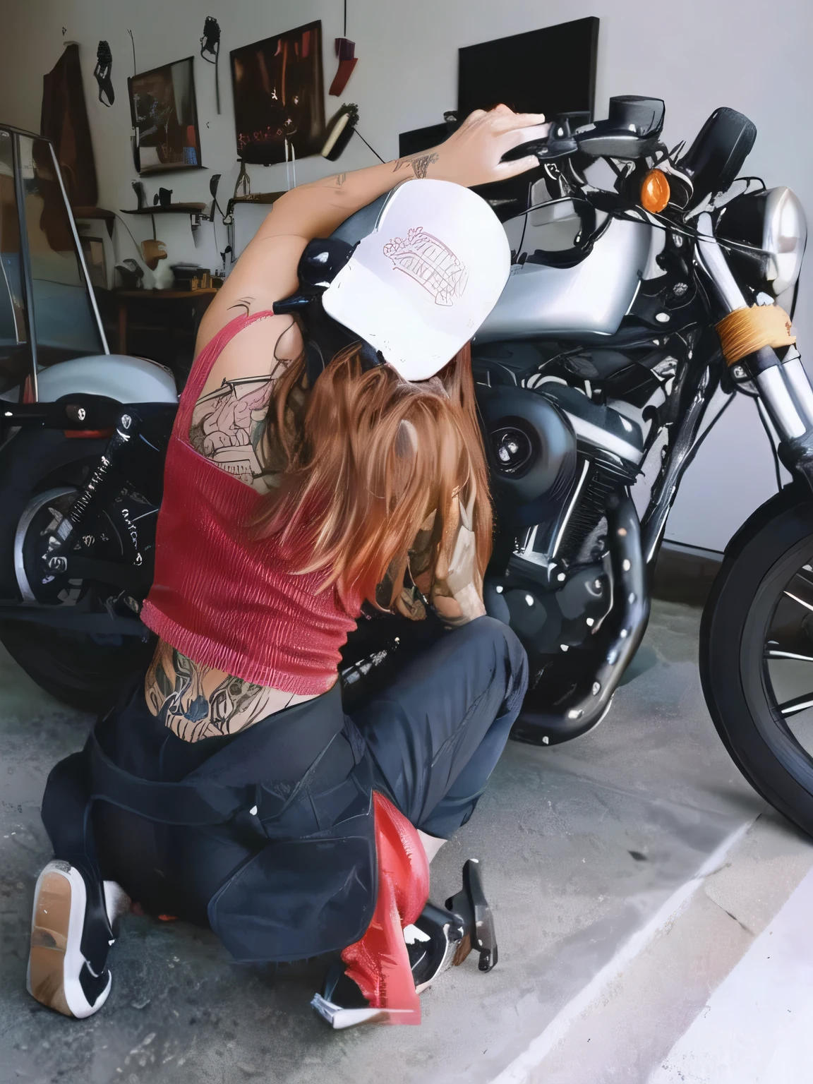 arafed woman pink hair in a red shirt and black pants fixing a motorcycle, picture of a female biker, wearing her helmet, with tattoos, sitting on a motorcycle, mechanic punk outfit, helmet instead of a head, harley davidson, riding a motorcycle, wearing a helmet, wearing helmet, inking, tattooed, motorcycles, motorcycle, holding helmet, harley queen, harley davidson motorbike, pink hair