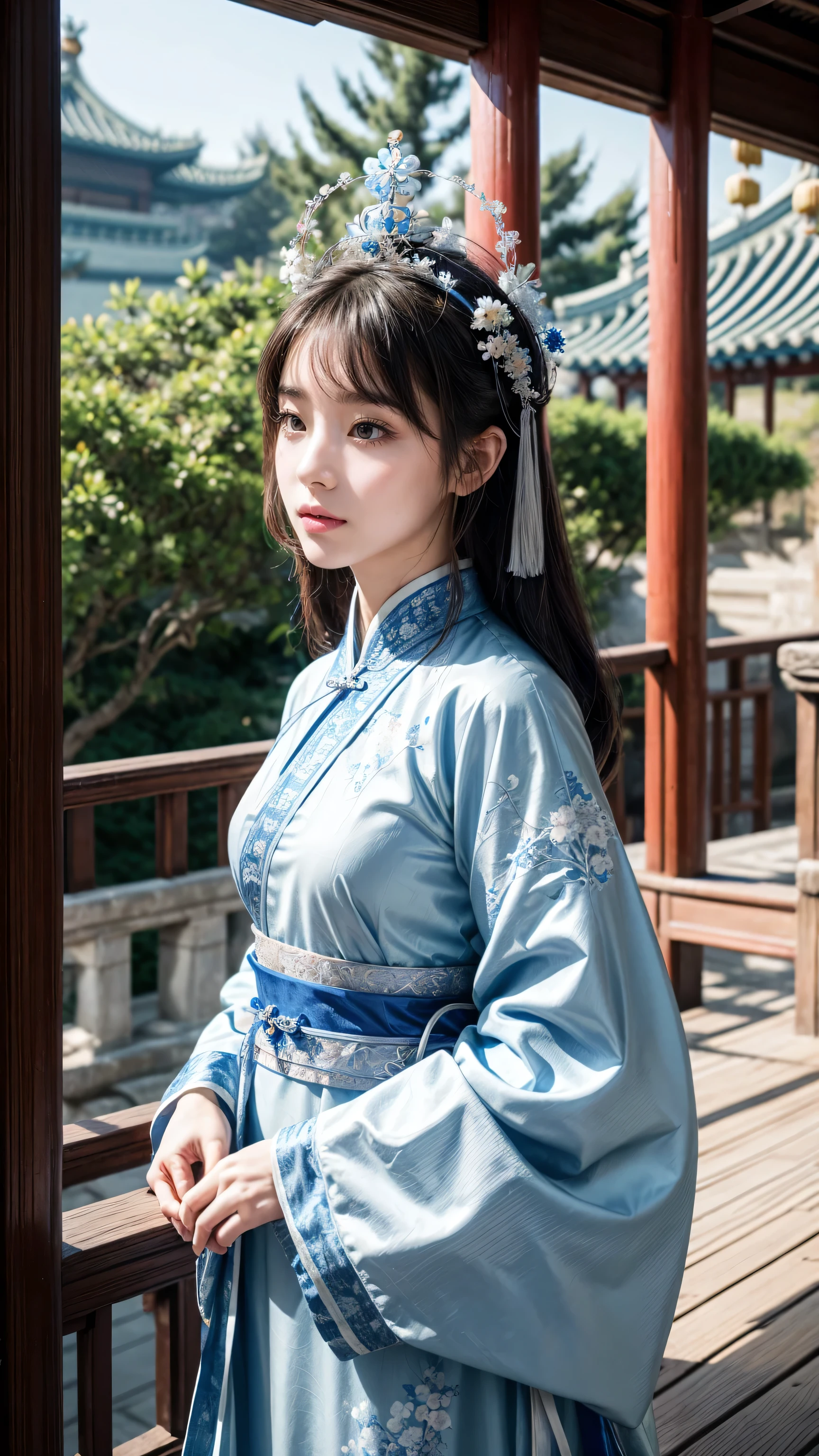 One wearing a blue and white dress、Woman with flowers on her head, Hanfu, palace, girl in Hanfu, blue Hanfu, white Hanfu, Dressed in ancient Chinese costumes, ((Beautiful fantasy queen)), ancient Chinese Princess, Chinese, Chinese traditional clothing, Chinese Clothing, Beautiful fantasy queen, Chinese Princess, Traditional Beauty,