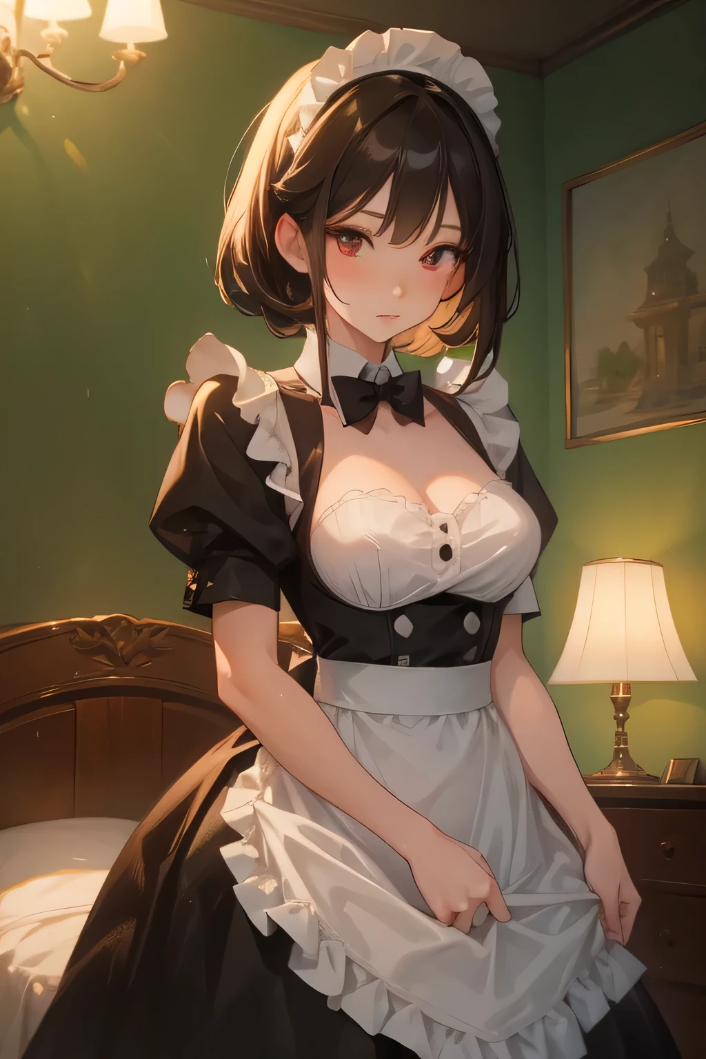 woman in her 30s in a maid outfit standing in front of a lamp, an anime drawing by Yang J, pixiv, serial art, gorgeous maid, anime girl in a maid costume, maid outfit, maid, maid dress, anime maids riding early tanks, anime girl in a maid costume, wearing maid uniform, seductive anime girl, a sexy maid in a magical forest, red eyes