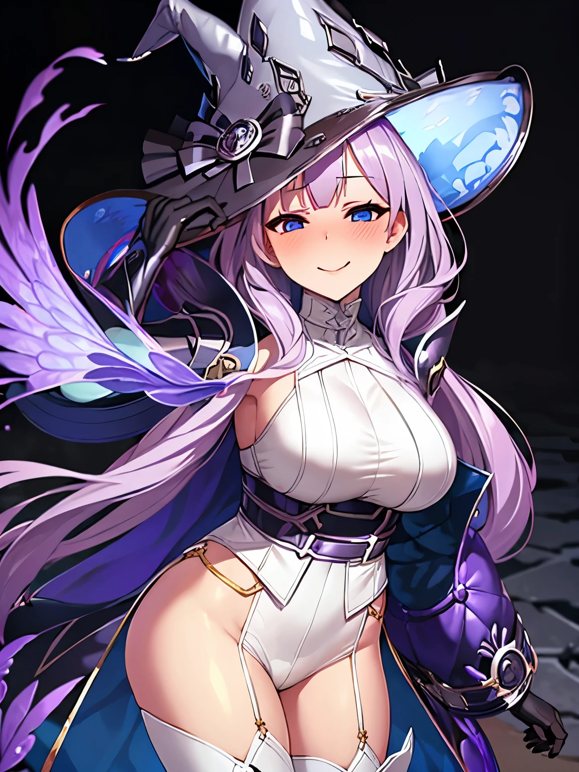 (8k, highest quality, masterpiece:1.2),High quality CG Unity 8k Large file size,Very detailed,High resolution,Beautiful Eyes,Ray Tracing,Dramatic Shadows,finely,Hyper Detail,(1 girl), Two-dimensional woman、


diabellze, blue eyes, blonde hair, purple hair, multicolored hair, witch hat, white coat, white bodysuit, multiple belts
thigh boots, 

blush, smile, 