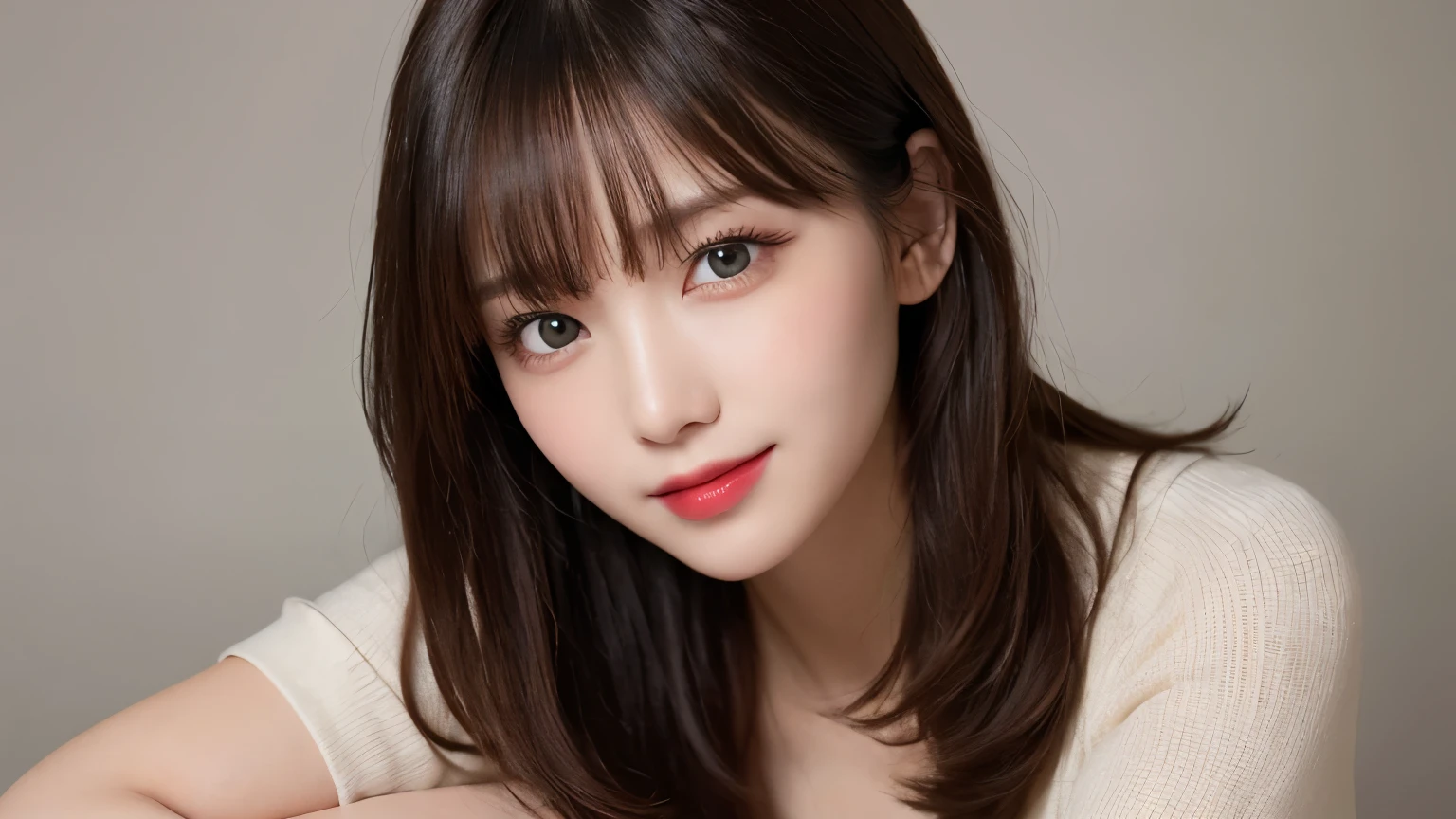 on the table, best quality, shape, Super detailed, Finely, high resolution, 8k wallpaper, 完璧なダイナミックな構shape, Beautiful and delicate eyes, Medium Length Hair, Small Breasts, Natural lipstick, Casual sexy pose,Smile,20 year old girl、midnight、Beautiful and detailed face、Perfect beautiful face,big eyes、original photo、Use the whole body to express female posture、Beautiful and delicate eyes、Small face、Beautiful duplex、Facelift and style,skirt、Beautiful golden ratio face,Long hair