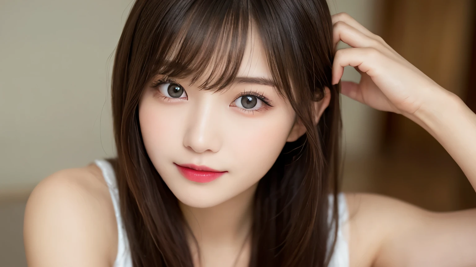 on the table, best quality, shape, Super detailed, Finely, high resolution, 8k wallpaper, 完璧なダイナミックな構shape, Beautiful and delicate eyes, Medium Length Hair, Small Breasts, Natural lipstick, Casual sexy pose,Smile,20 year old girl、midnight、Beautiful and detailed face、Perfect beautiful face,big eyes、original photo、Use the whole body to express female posture、Beautiful and delicate eyes、Small face、Beautiful duplex、Facelift and style,skirt、Beautiful golden ratio face,Long hair