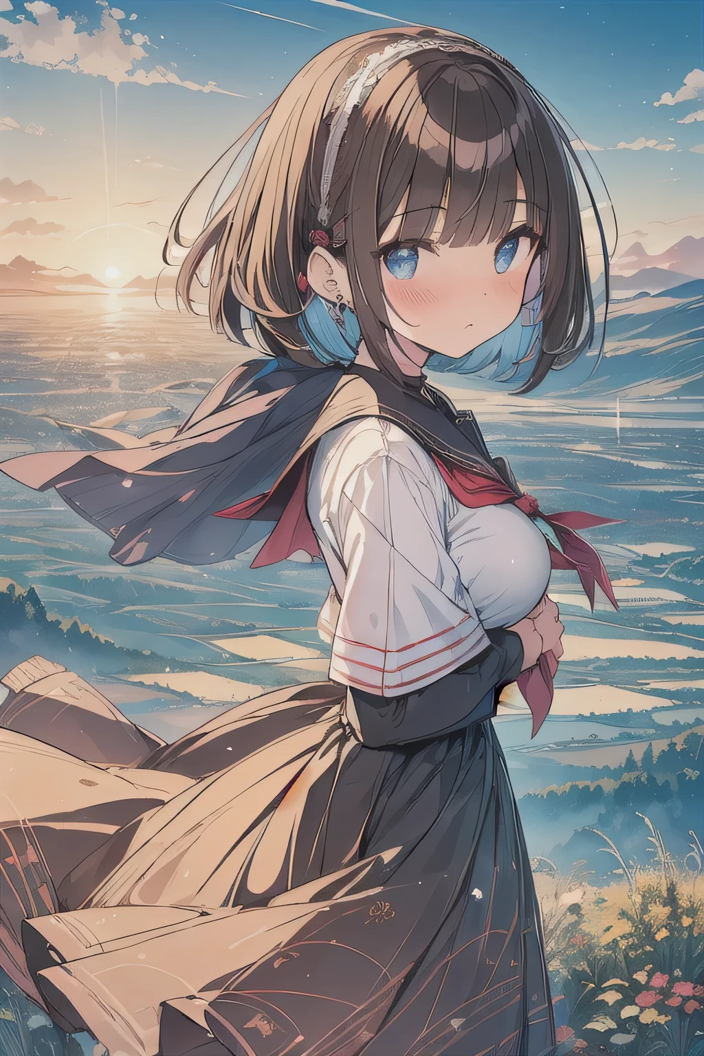 (best quality), (Super detailed), (Best Illustration), (masterpiece), (woman), upper body, (white serafuku), (large breasts), {(detailed eyes), blue eyes}, {brown hair, (sideburns), (bob cut:1.3), curly hair, hairs between eyes, colored inner hair}, blush, earring, hair band, (wind), beautiful sky, (panoramic view:1.4)