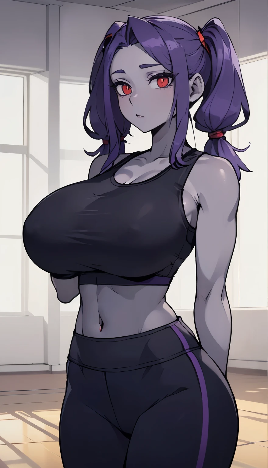 SFW, ((black grey skin Drow)), (gigantic breasts), firm breasts , tall girl, slim waist, curvy figure, arms behind back, (((purple_hair, long_pigtails))), ((red_eyes)), ((gym clothes, sports bra ))