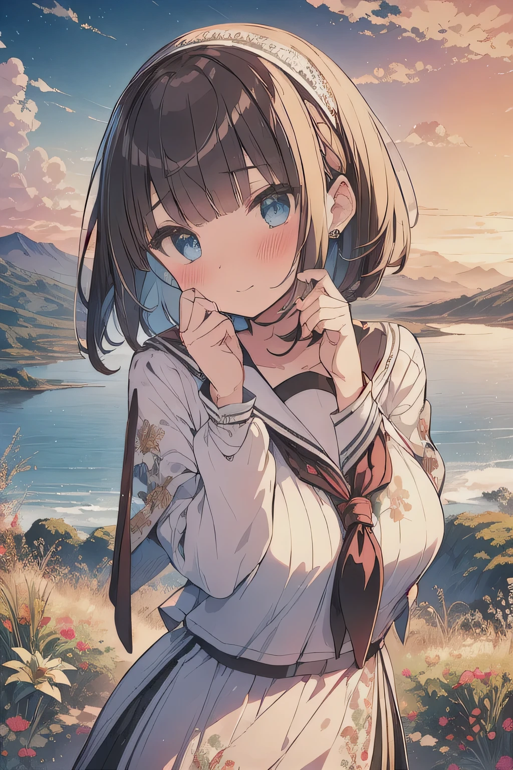 (best quality), (Super detailed), (Best Illustration), (masterpiece), (woman), upper body, (white serafuku), (large breasts), {(detailed eyes), blue eyes}, {brown hair, (sideburns), (bob cut:1.3), curly hair, hairs between eyes, colored inner hair}, blush, earring, hair band, (wind), beautiful sky, (panoramic view:1.4)