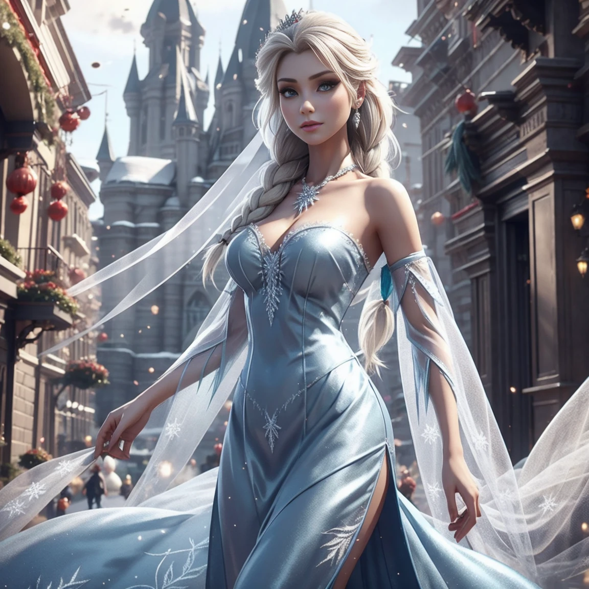 Generate an realistic image of Elsa from Frozen, real character Frozen elsa, dressed in modern fashion for a New Year's . HDR 8K texture dress, visual render Elsa, Elsa should be wearing a red, delicate long dress , along with a New Year's santa hat. The dress should be stylish and suitable for a princess. New Year's dress with real feathers and tassels. Gorgeous breasts, tight clothes. Transparent veil.