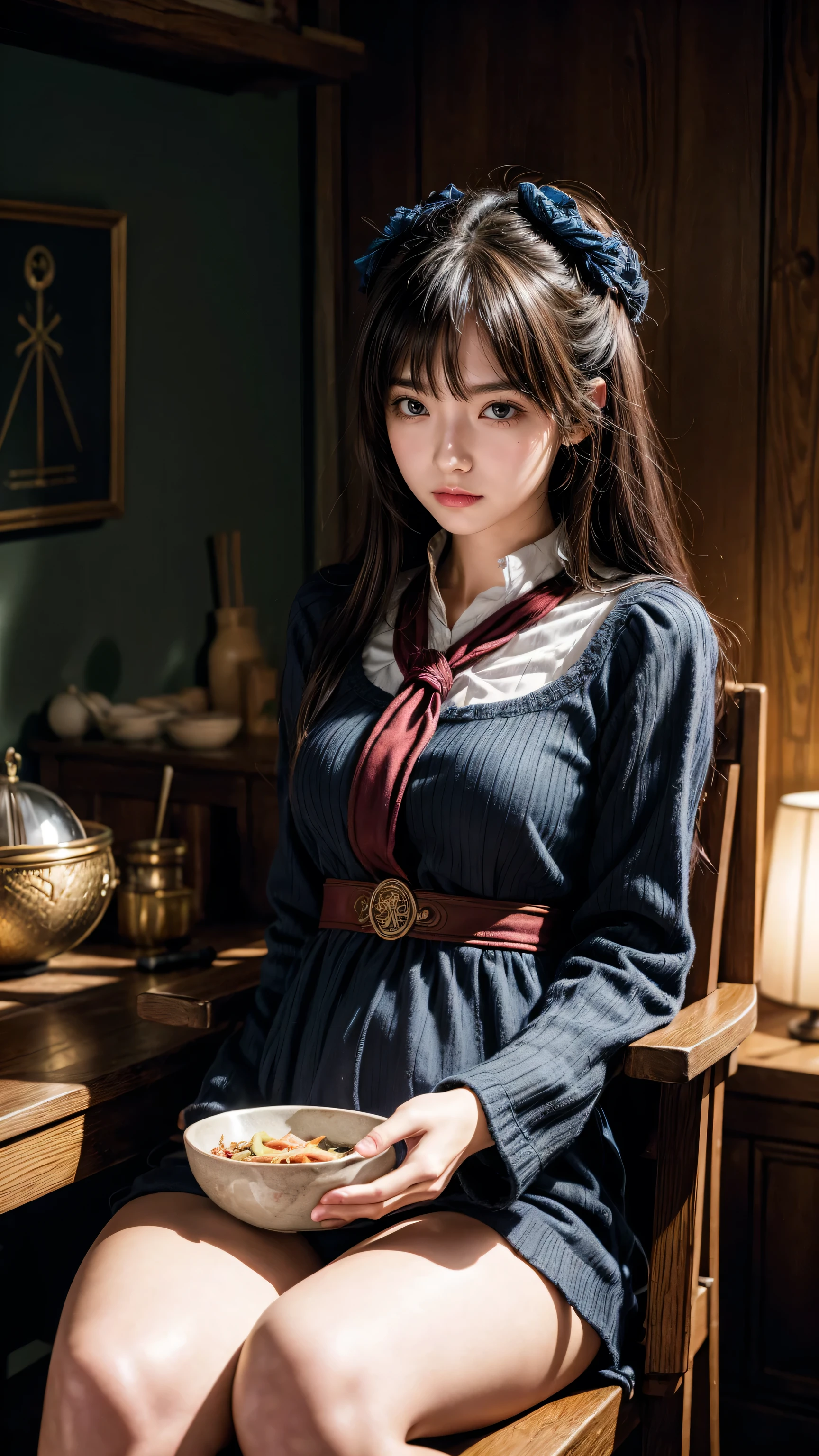 Anime girl sitting in chair,Holding a bowl of food, Alchemy Girl, Light novel cover, official art, Epic Light Novel Cover Art, official artwork, epic Light novel cover, Change, Different world, Change, Kushat krenz, Kushat, Kushat krenz key art feminine, Shadowverse Style, Moe