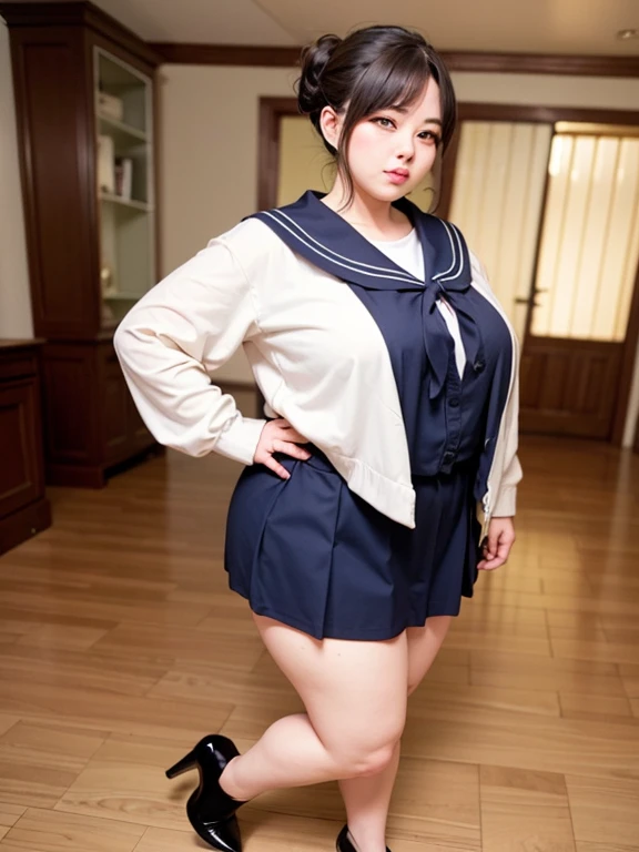 Big Breasts, Big Hips, Full Body Shot, Mature mother, Voluptuous thighs, A cow, Seductive mature woman, Perfect body, Plus Size Model, Sailor suit, Wearing high heels,