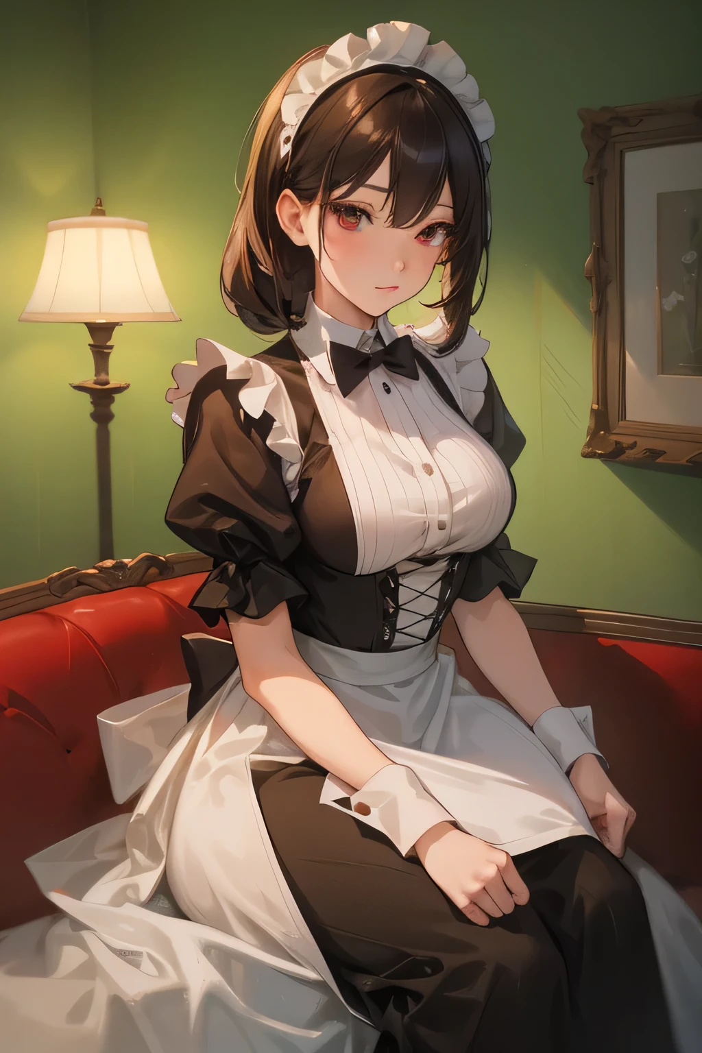 woman in her 30s in a maid outfit standing in front of a lamp, an anime drawing by Yang J, pixiv, serial art, gorgeous maid, anime girl in a maid costume, maid outfit, maid, maid dress, anime maids riding early tanks, anime girl in a maid costume, wearing maid uniform, seductive anime girl, a sexy maid in a magical forest, red eyes
