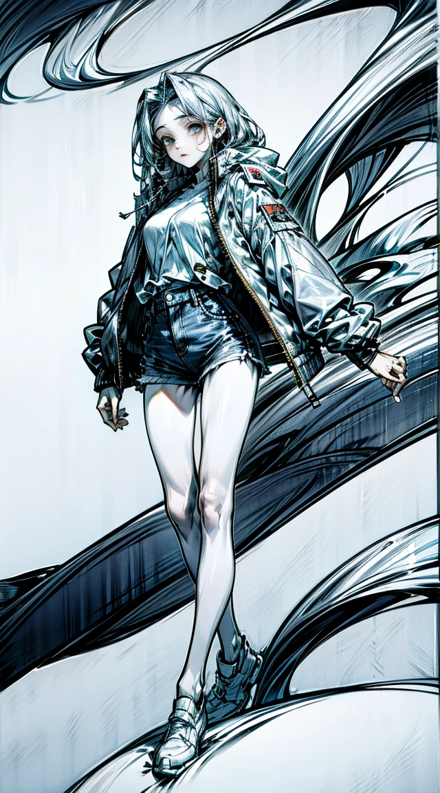 14 years old，long sleeve jacket，Bare legs，whole body，Pure，thin
