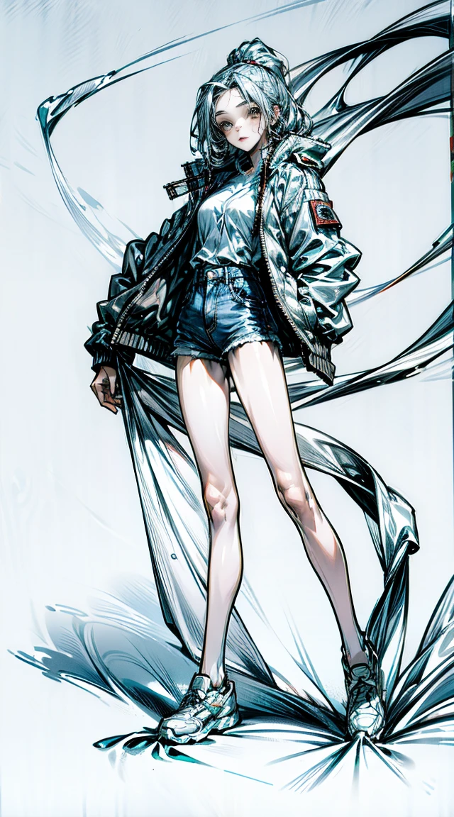 14 years old，long sleeve jacket，Bare legs，whole body，Pure，thin