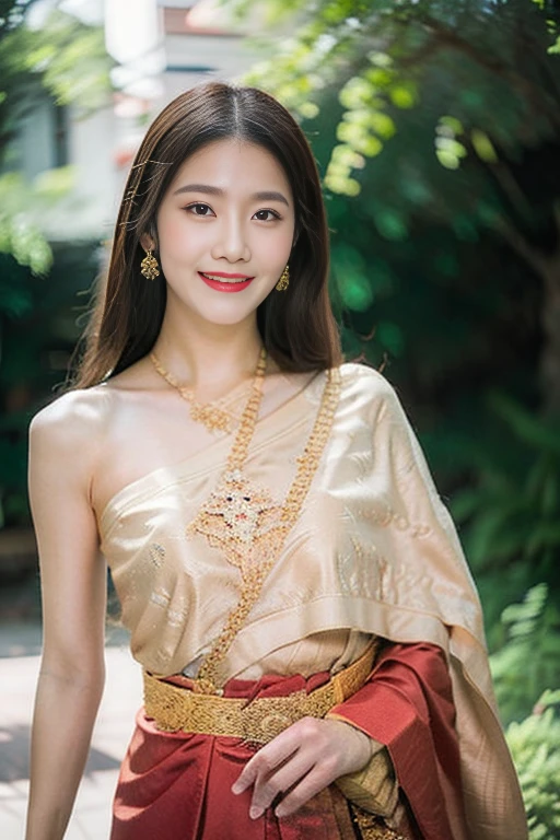 detailed face, Clear face, beautiful girl, Asian makeup, red lips, smile, brown hair, crown, half body, big breasts, Thai angel costume, Vintage Thai style, ancient, Medium sexy dress, red red dress, high resolution, Random pose, evening light, flower garden background.