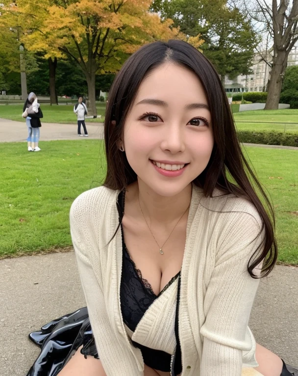 knitted sweater jacket，（Big boobs：1.2），cleveage，穿Black underwear，black slime shapeshifter，looking at the audience，Smile， Black underwear、cleveage，Long hair ,Pretty Face，cute appearance，confident girl,Slime with melted lower body,In the park，There are many maple leaves，autumn，