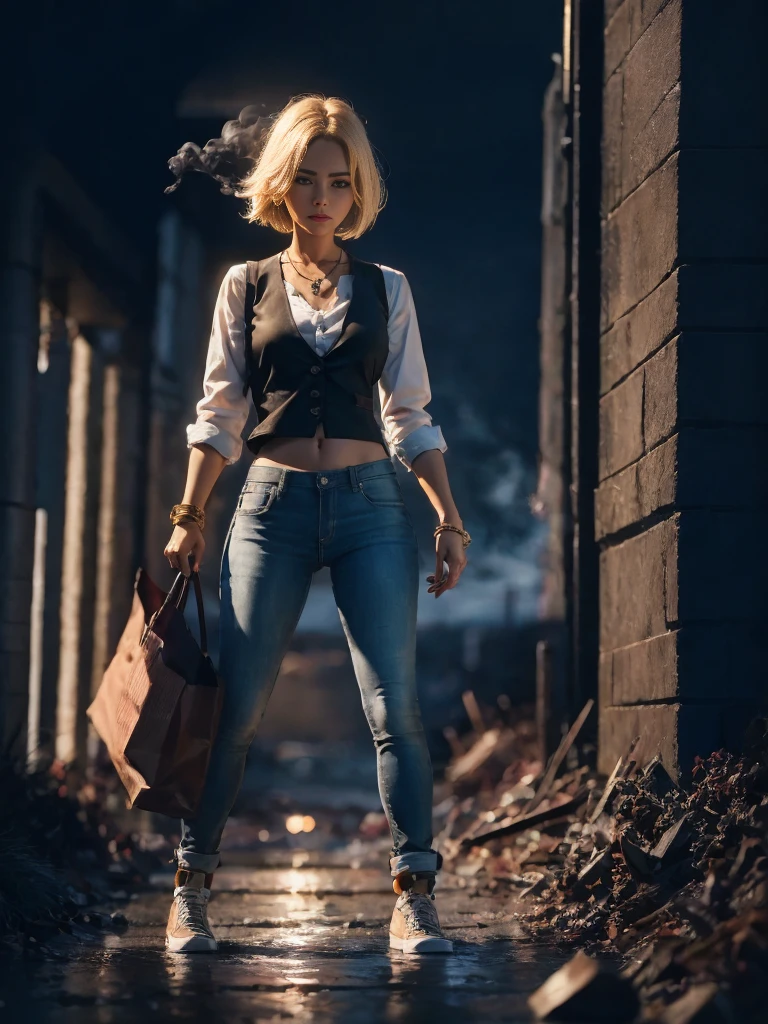 "(((masterpiece))), best quality, Ultra-fine CG unity 8k wallpaper, Depicted《Dragon Ball Z》中人造人 18 号在一座ruins城市中, permanent,  Light Blonde Hair, White top and black vest,  blue jeans, orange socks, Black shoes, Black gloves, necklace, bracelet,  Destruction and chaos, smokes, fire, ruins, dust, Strong shadows, Dramatic Lighting, Melancholy atmosphere, movie ending, giggle"
